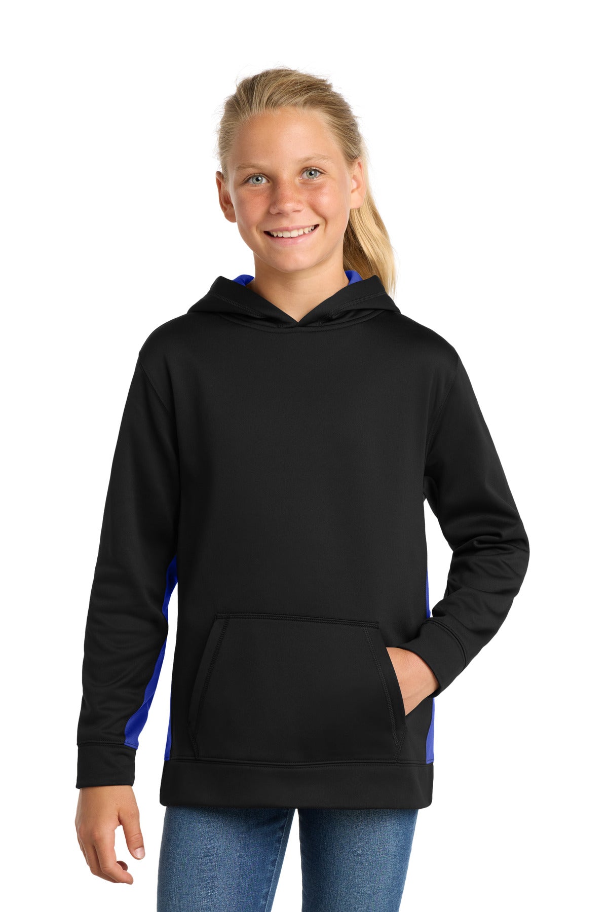 Custom logo Sport-Tek® Youth Sport-Wick® Fleece Colorblock Hooded Pullover.  YST235 in Black/ True Royal