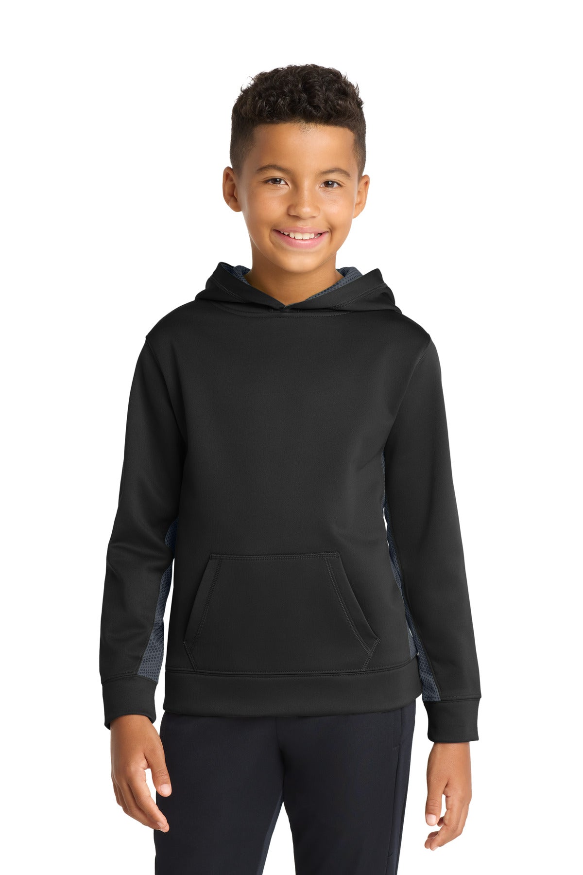 Custom logo Sport-Tek® Youth Sport-Wick® CamoHex Fleece Colorblock Hooded Pullover.  YST239 in Black/ Dark Smoke Grey