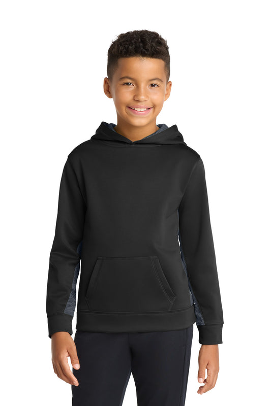 Custom logo Sport-Tek® Youth Sport-Wick® CamoHex Fleece Colorblock Hooded Pullover.  YST239 in Black/ Dark Smoke Grey