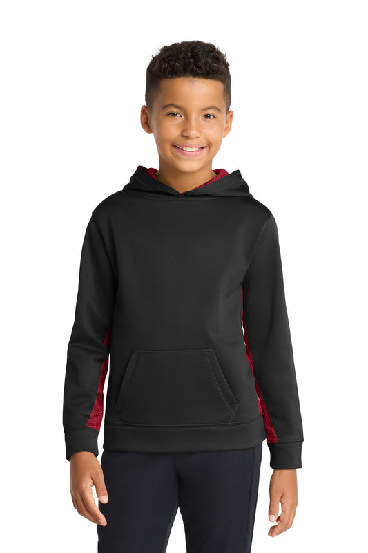 Custom logo Sport-Tek® Youth Sport-Wick® CamoHex Fleece Colorblock Hooded Pullover.  YST239 in Black/ Deep Red