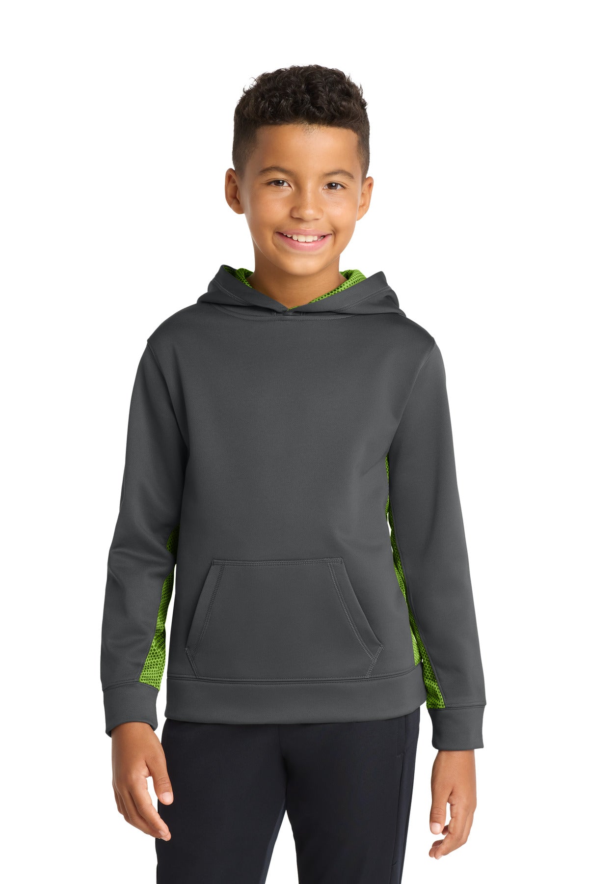Custom logo Sport-Tek® Youth Sport-Wick® CamoHex Fleece Colorblock Hooded Pullover.  YST239 in Dark Smoke Grey/ Lime Shock