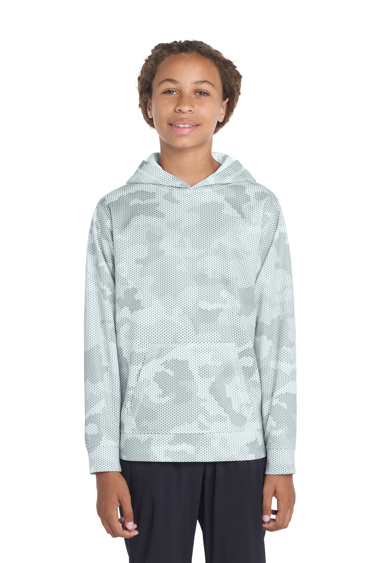 Custom logo Sport-Tek® Youth Sport-Wick® CamoHex Fleece Hooded Pullover.  YST240 in White