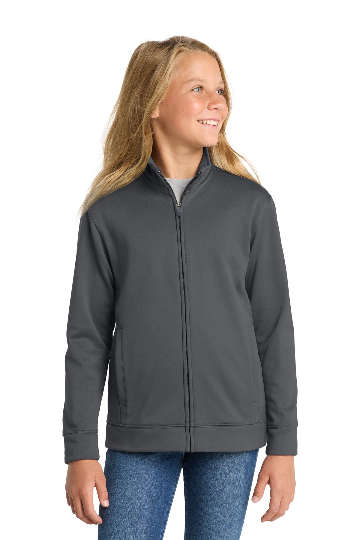 Custom logo Sport-Tek® Youth Sport-Wick® Fleece Full-Zip Jacket.  YST241 in Dark Smoke Grey