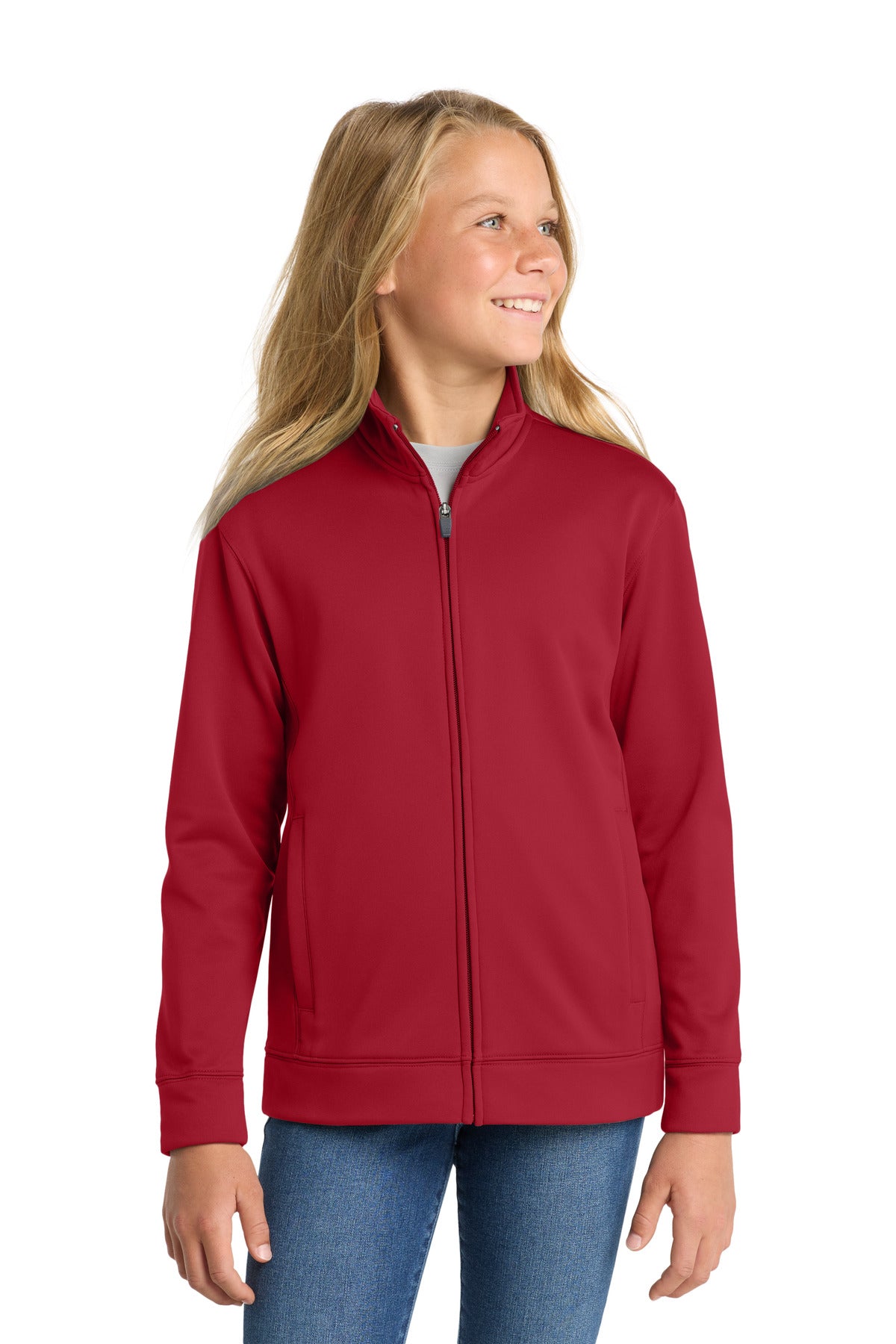 Custom logo Sport-Tek® Youth Sport-Wick® Fleece Full-Zip Jacket.  YST241 in Deep Red