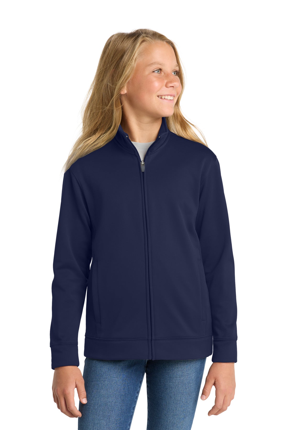 Custom logo Sport-Tek® Youth Sport-Wick® Fleece Full-Zip Jacket.  YST241 in Navy