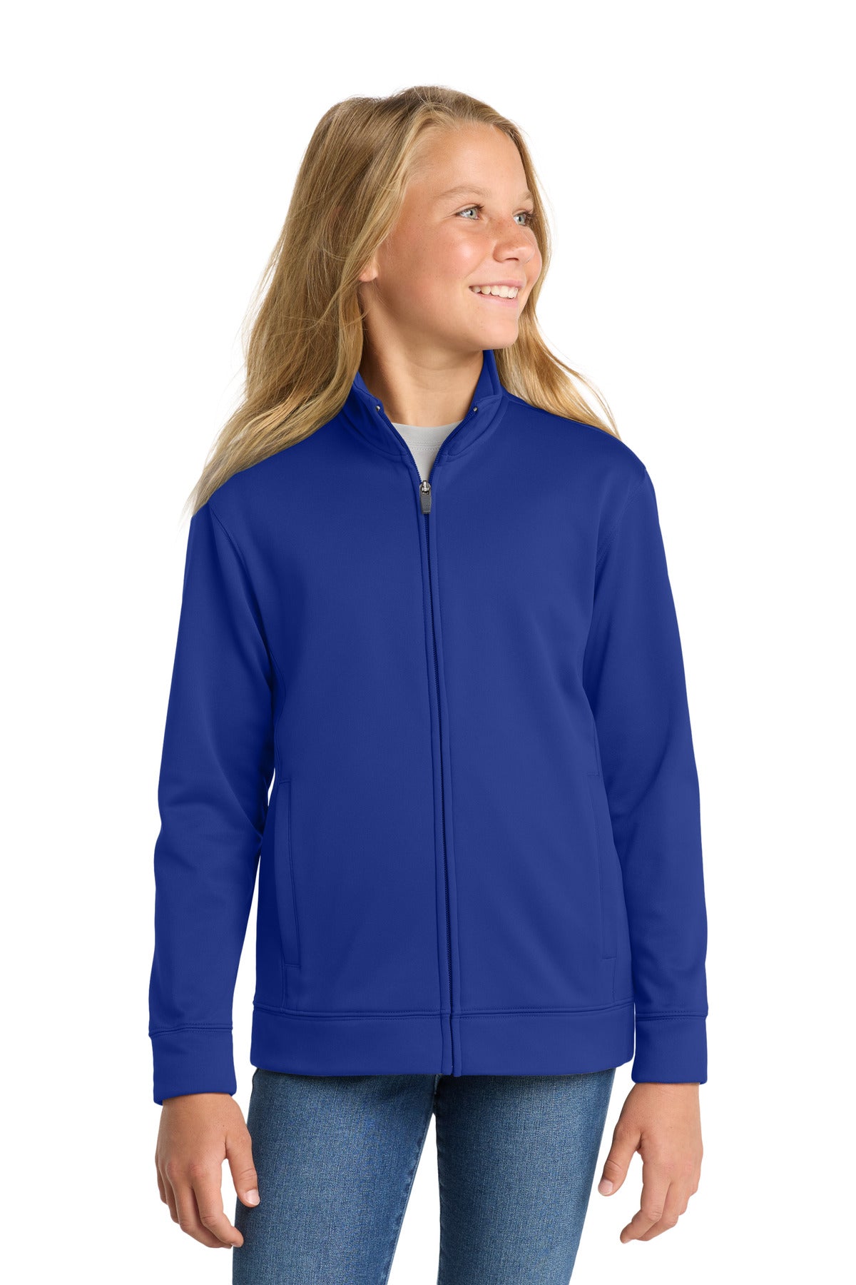 Custom logo Sport-Tek® Youth Sport-Wick® Fleece Full-Zip Jacket.  YST241 in True Royal