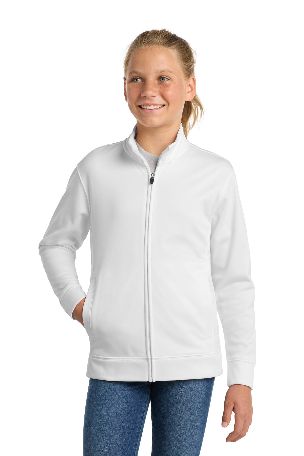 Custom logo Sport-Tek® Youth Sport-Wick® Fleece Full-Zip Jacket.  YST241 in White