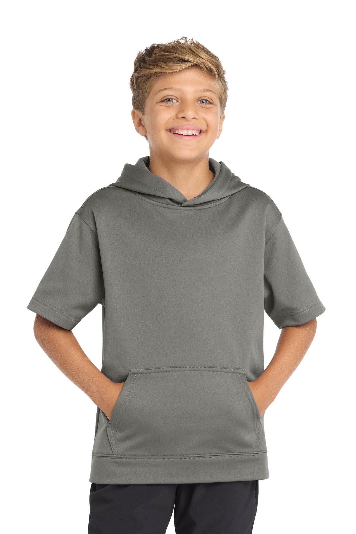 Custom logo Sport-Tek ® Youth Sport-Wick ® Fleece Short Sleeve Hooded Pullover. YST251 in Dark Smoke Grey