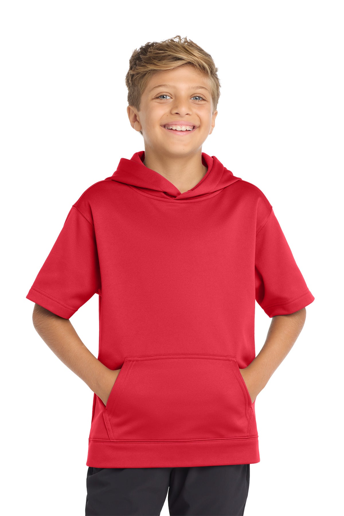 Custom logo Sport-Tek ® Youth Sport-Wick ® Fleece Short Sleeve Hooded Pullover. YST251 in Deep Red