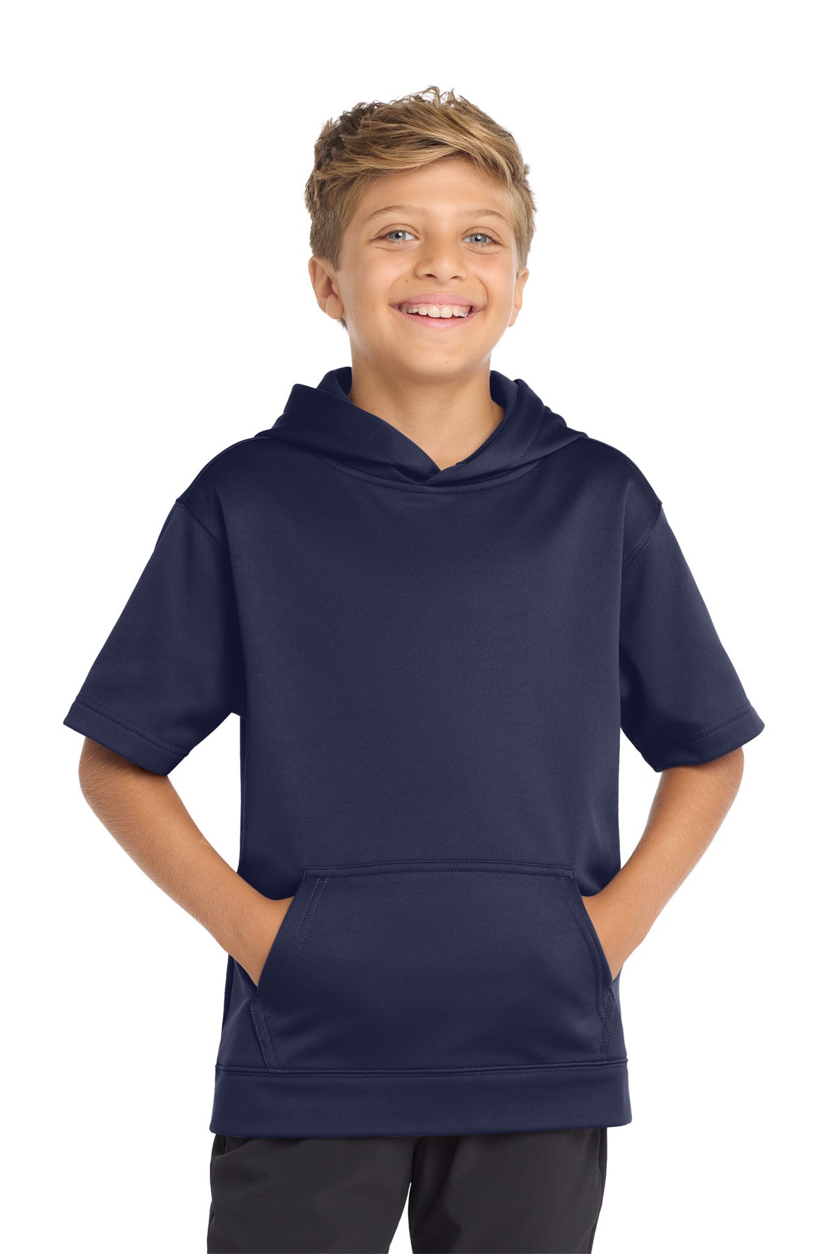Custom logo Sport-Tek ® Youth Sport-Wick ® Fleece Short Sleeve Hooded Pullover. YST251 in Navy