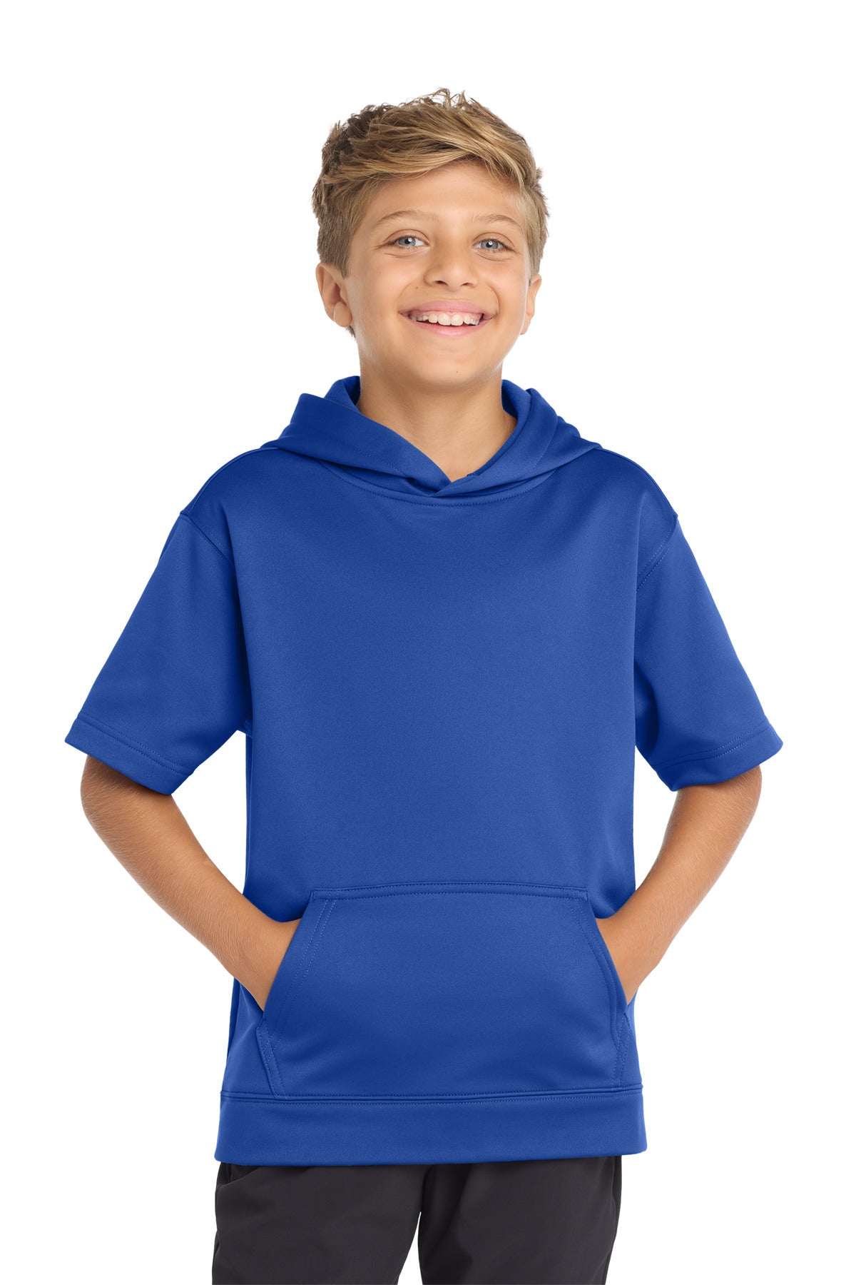 Custom logo Sport-Tek ® Youth Sport-Wick ® Fleece Short Sleeve Hooded Pullover. YST251 in True Royal