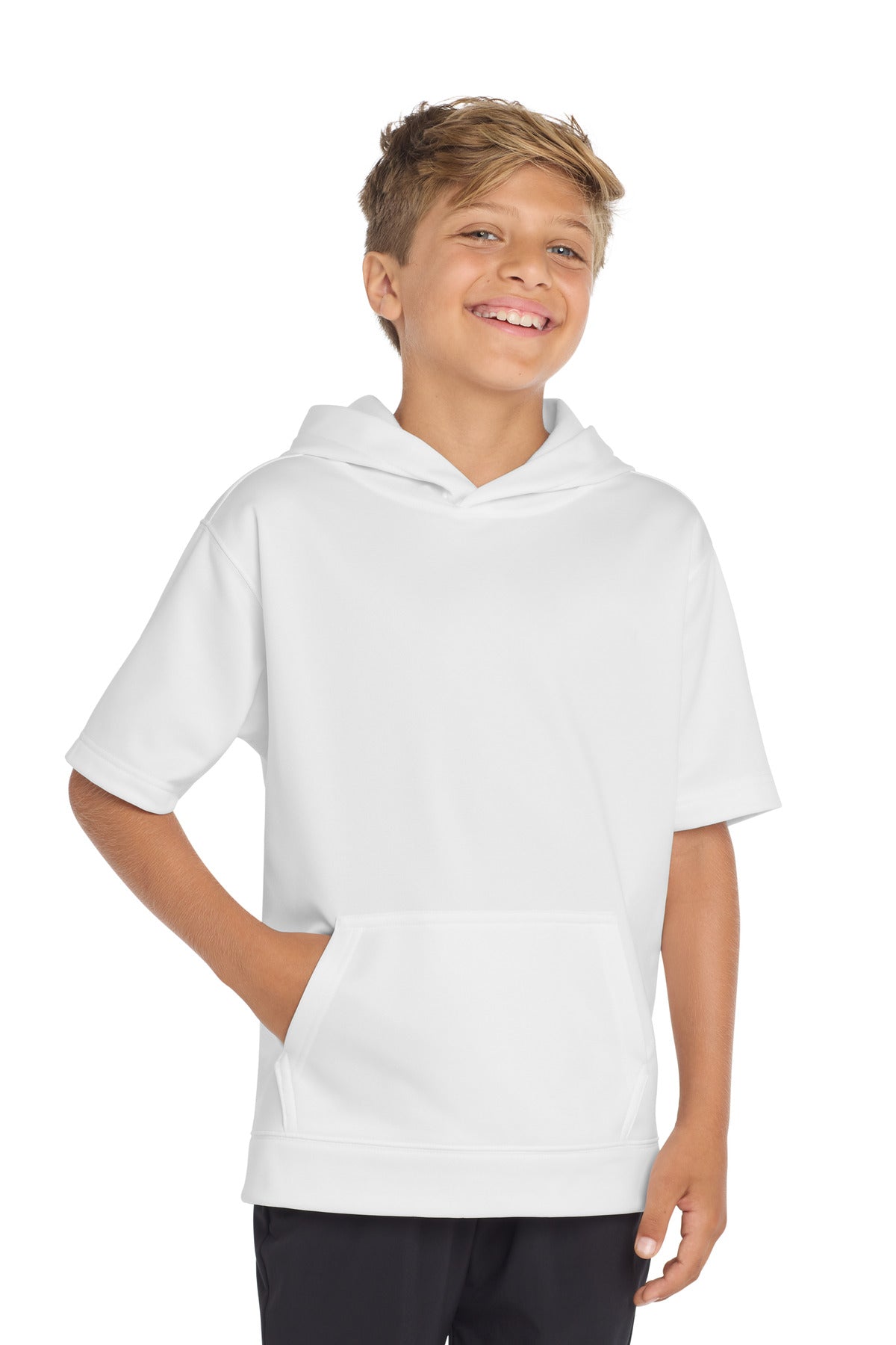 Custom logo Sport-Tek ® Youth Sport-Wick ® Fleece Short Sleeve Hooded Pullover. YST251 in White