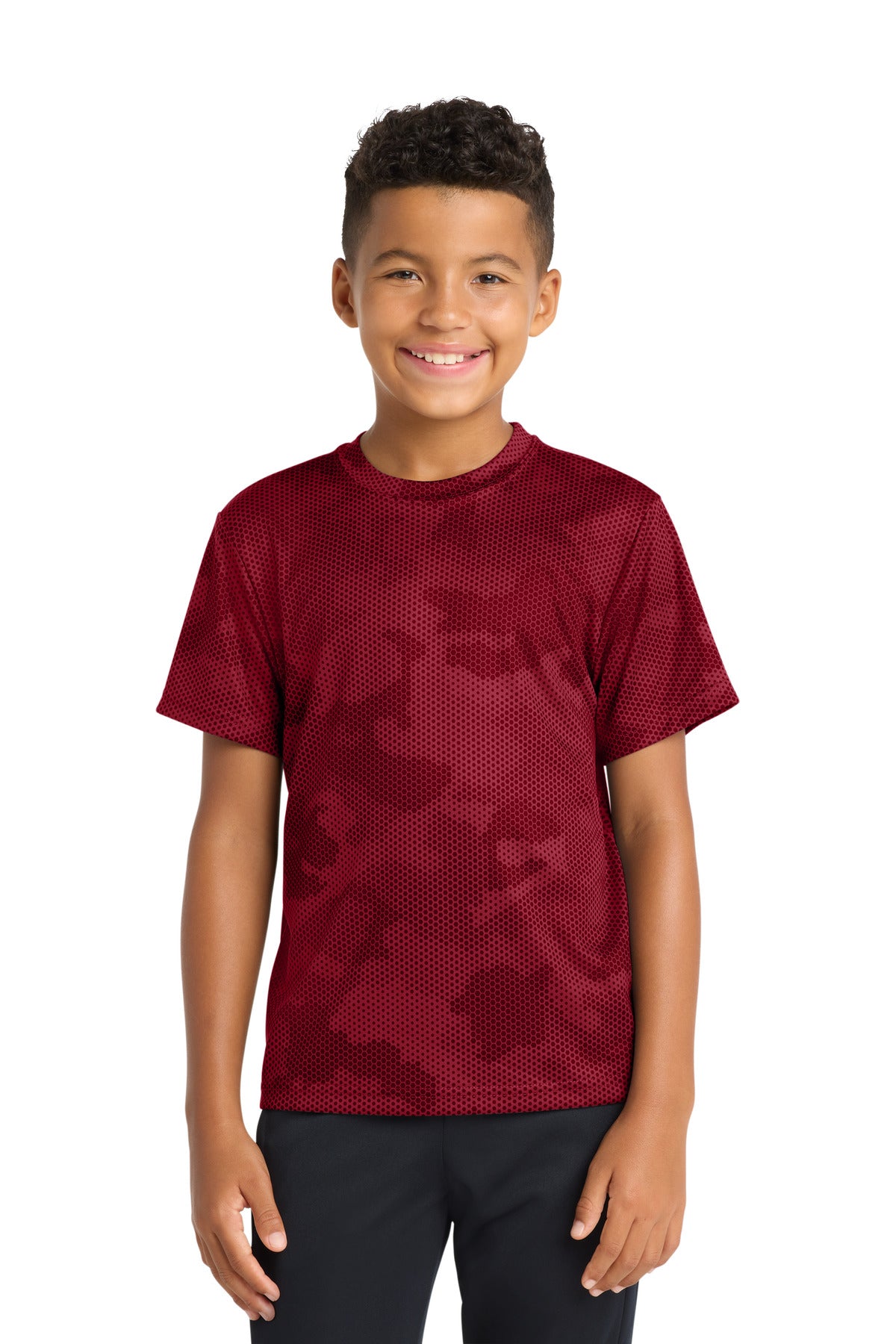 Custom logo Sport-Tek® Youth CamoHex Tee. YST370 in Deep Red