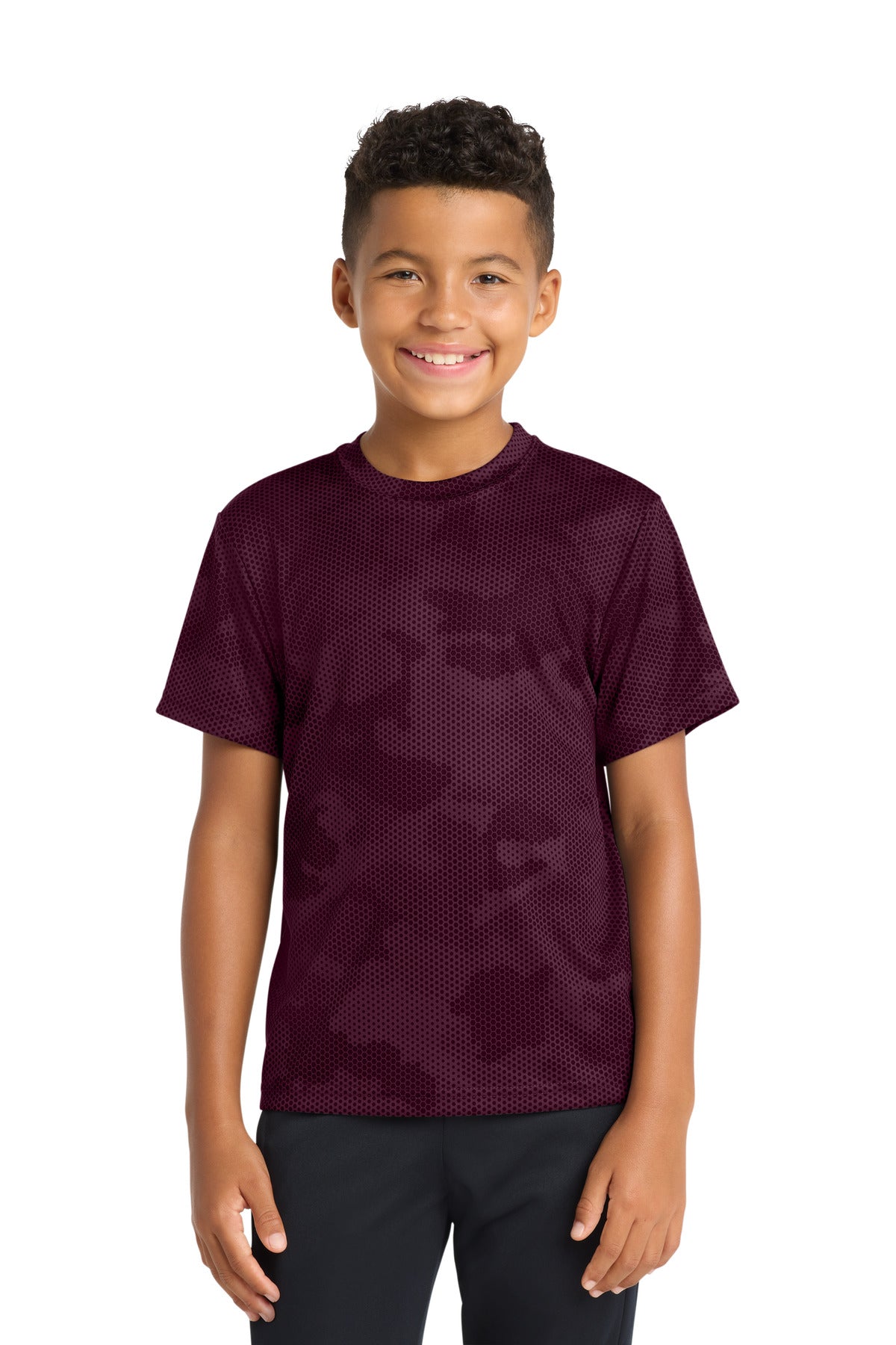 Custom logo Sport-Tek® Youth CamoHex Tee. YST370 in Maroon