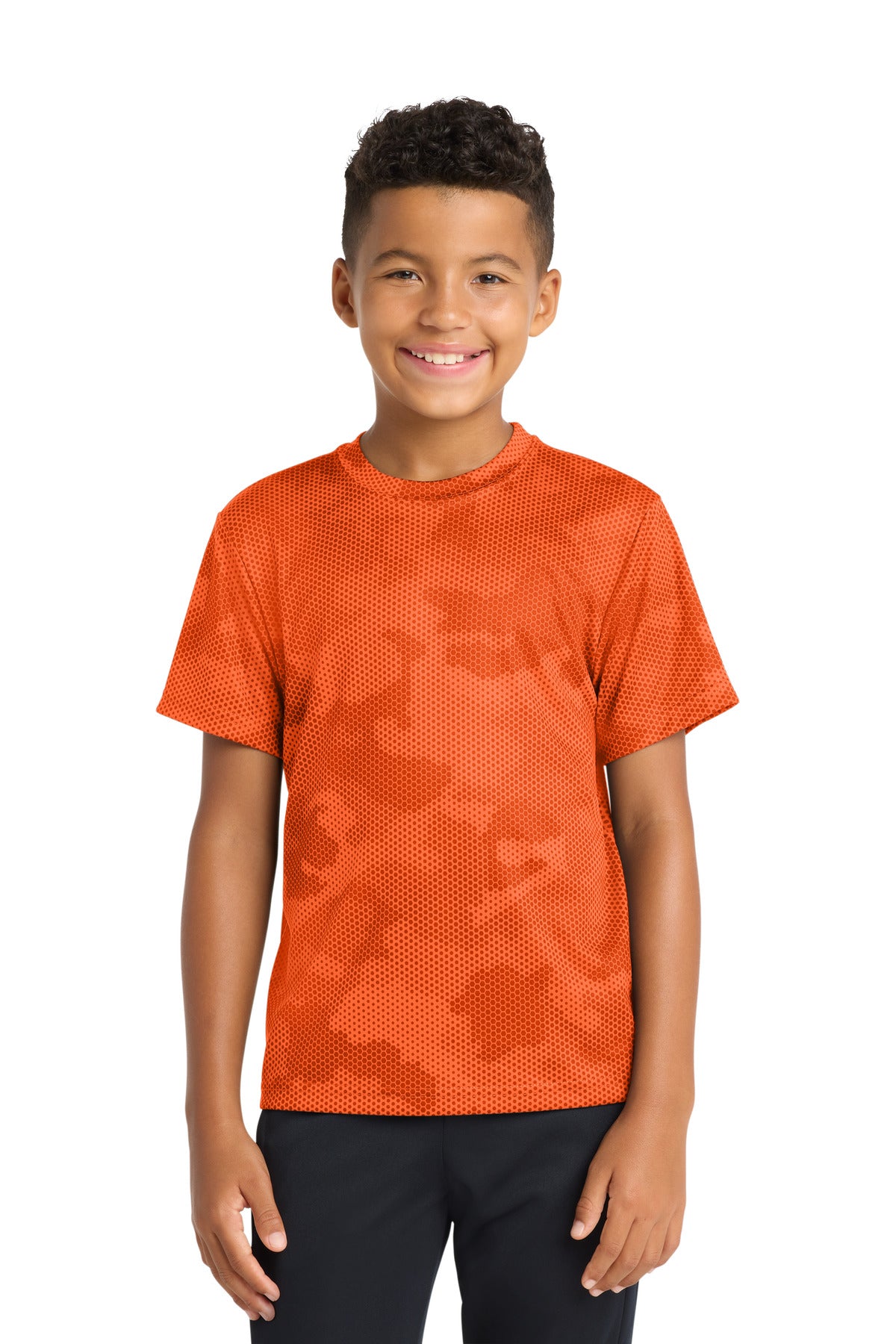 Custom logo Sport-Tek® Youth CamoHex Tee. YST370 in Neon Orange