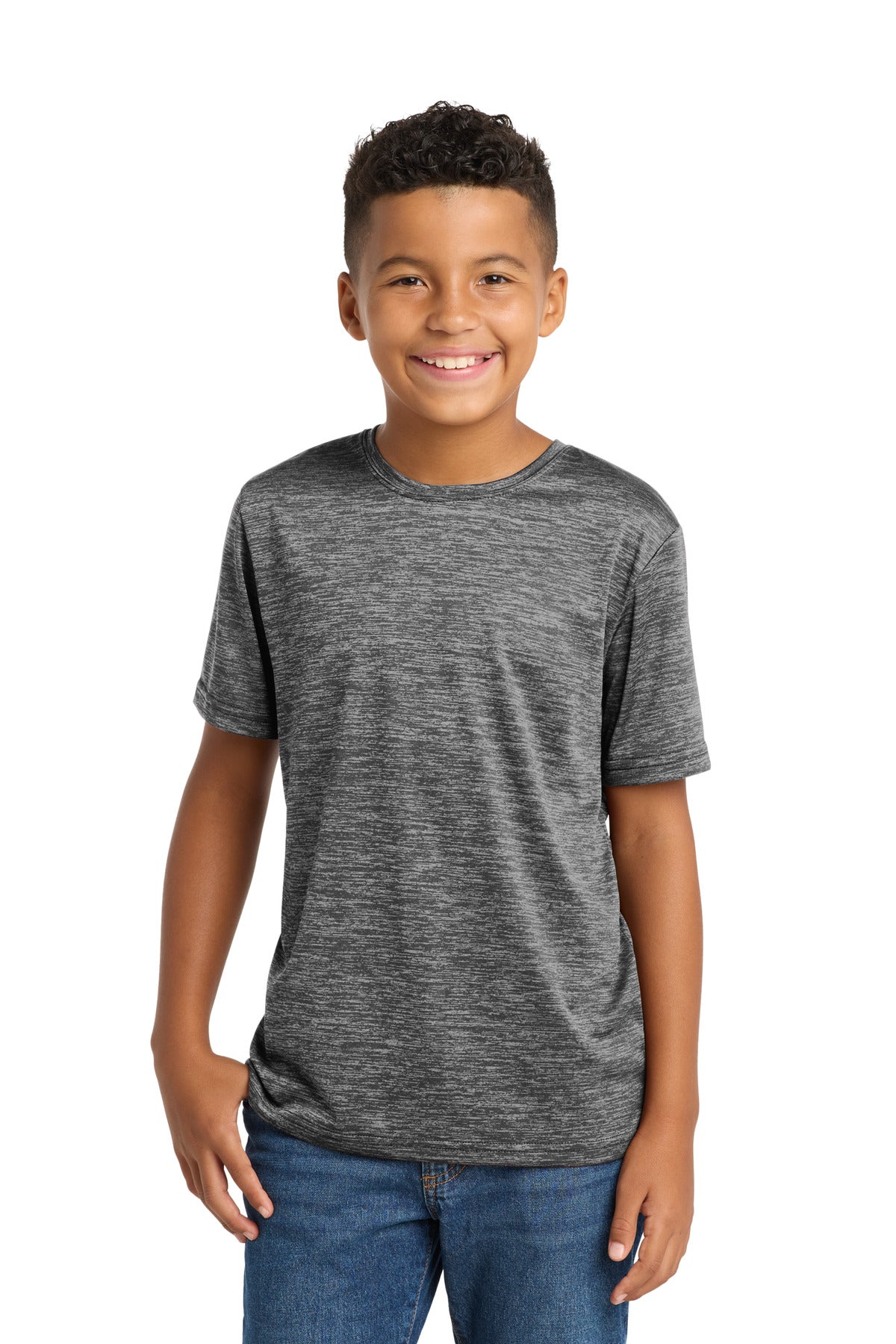 Custom logo Sport-Tek® Youth PosiCharge® Electric Heather Tee. YST390 in Grey-Black Electric