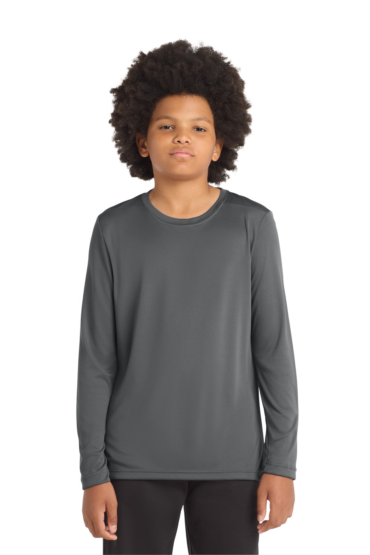 Custom logo Sport-Tek ® Youth Posi-UV® Pro Long Sleeve Tee. YST420LS in Dark Smoke Grey