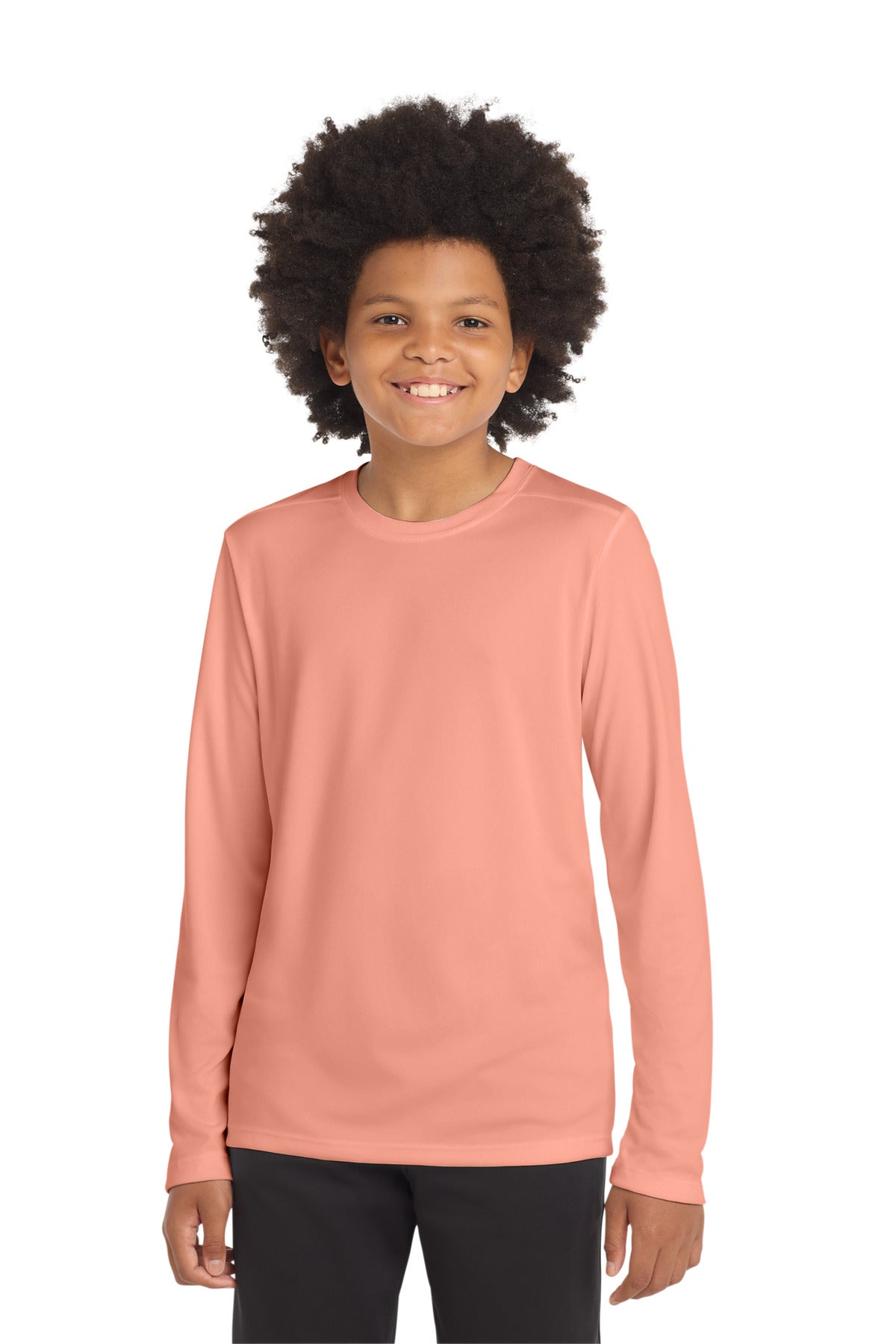Custom logo Sport-Tek ® Youth Posi-UV® Pro Long Sleeve Tee. YST420LS in Soft Coral