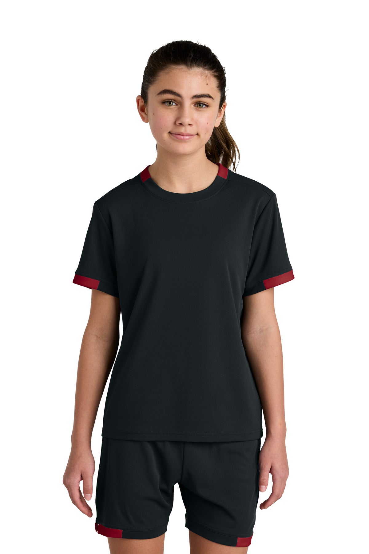 Custom logo Sport-Tek® Youth Club Short Sleeve Crew YST440 in Black/ Deep Red