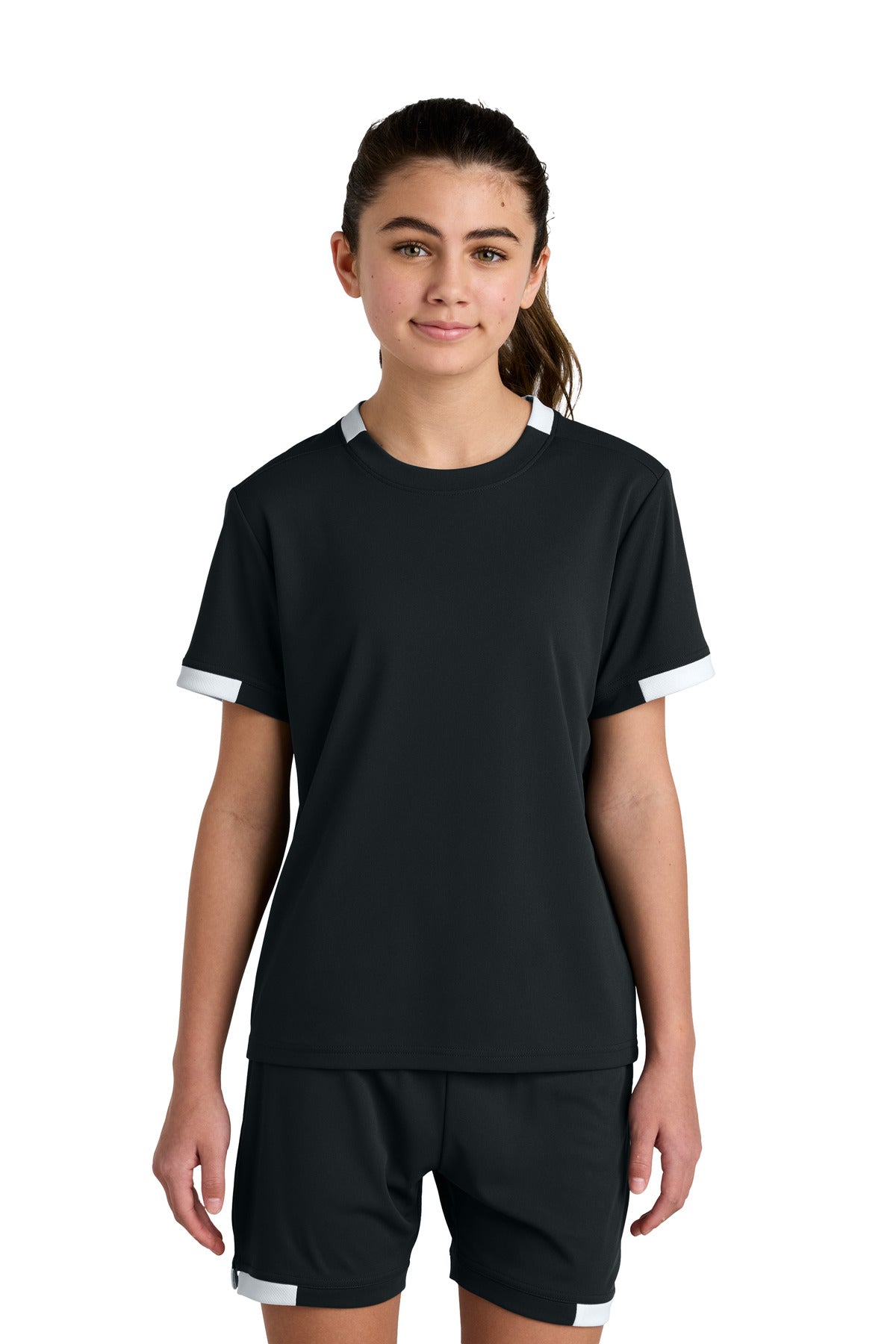 Custom logo Sport-Tek® Youth Club Short Sleeve Crew YST440 in Black/ White