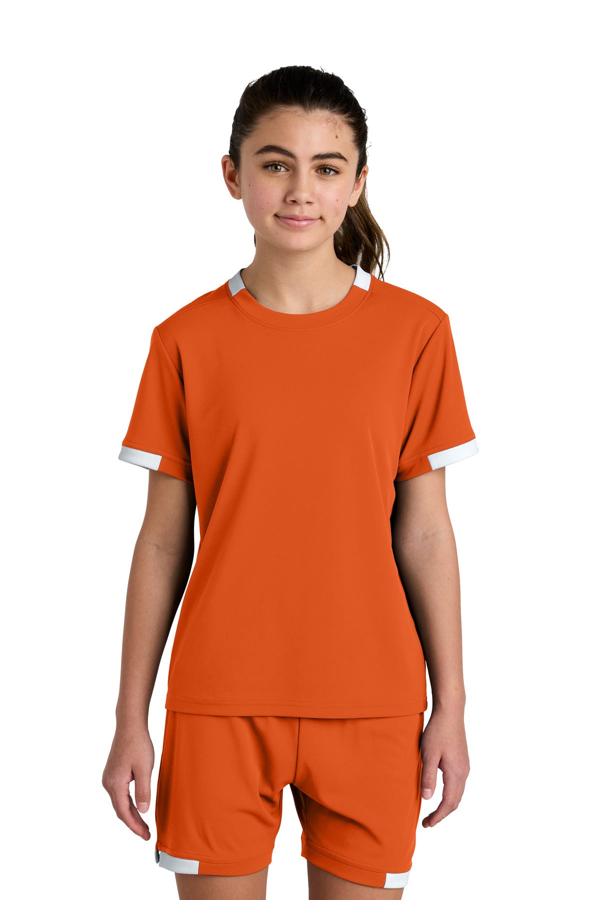 Custom logo Sport-Tek® Youth Club Short Sleeve Crew YST440 in Deep Orange/ White