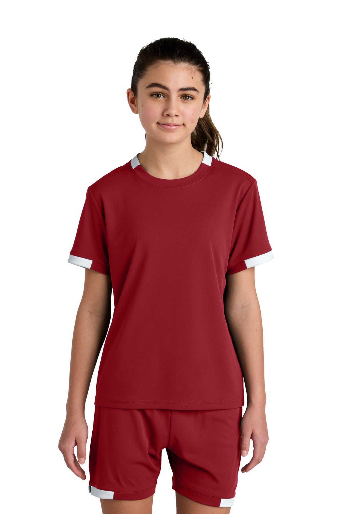Custom logo Sport-Tek® Youth Club Short Sleeve Crew YST440 in Deep Red/ White