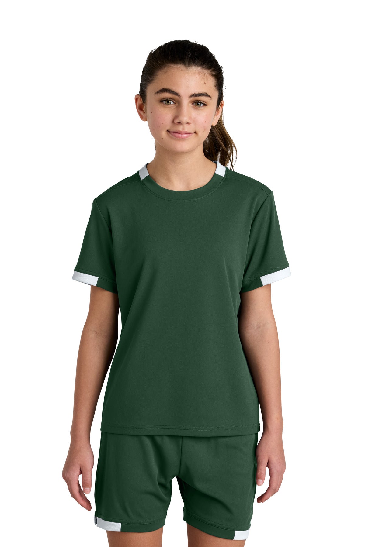 Custom logo Sport-Tek® Youth Club Short Sleeve Crew YST440 in Forest Green/ White
