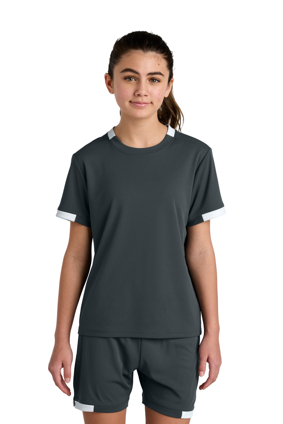 Custom logo Sport-Tek® Youth Club Short Sleeve Crew YST440 in Iron Grey/ White