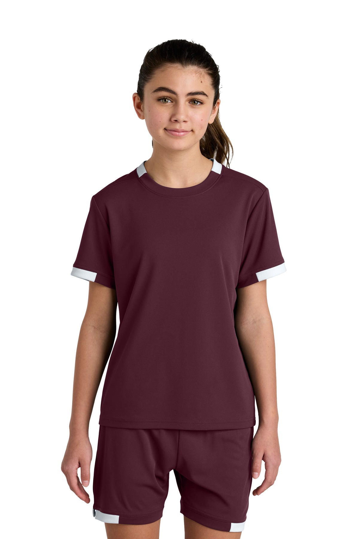 Custom logo Sport-Tek® Youth Club Short Sleeve Crew YST440 in Maroon/ White