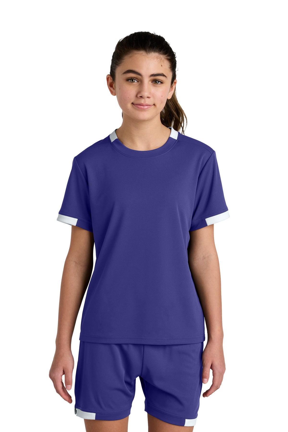 Custom logo Sport-Tek® Youth Club Short Sleeve Crew YST440 in Purple/ White