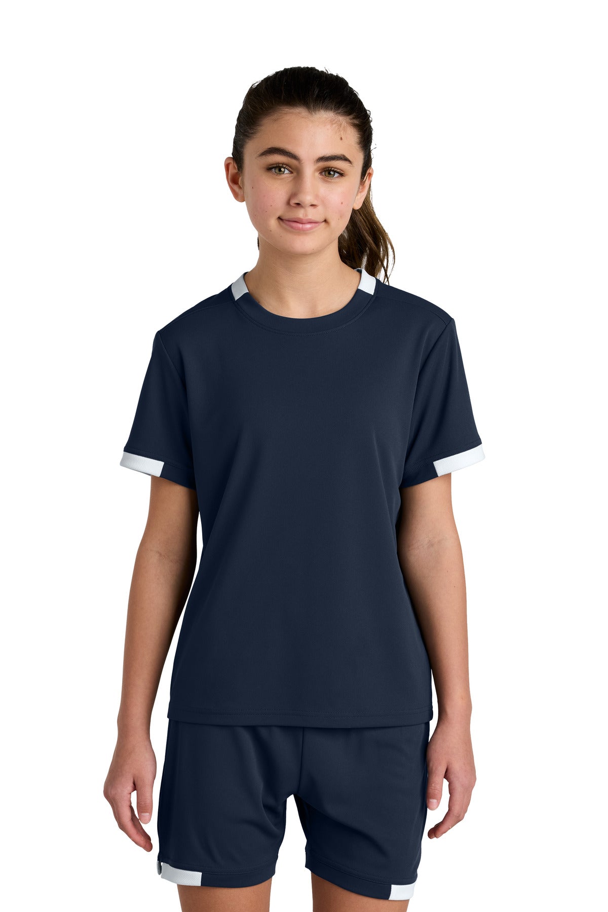 Custom logo Sport-Tek® Youth Club Short Sleeve Crew YST440 in True Navy/ White
