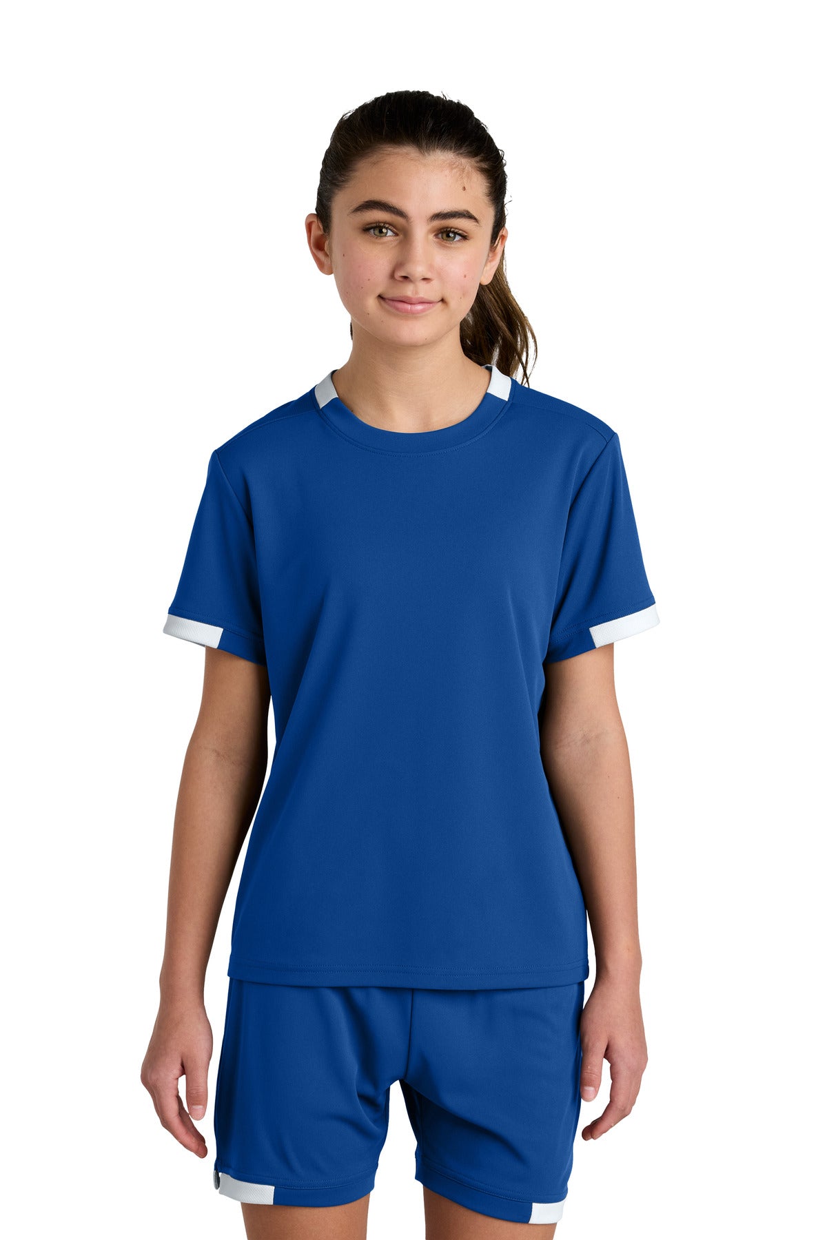 Custom logo Sport-Tek® Youth Club Short Sleeve Crew YST440 in True Royal/ White