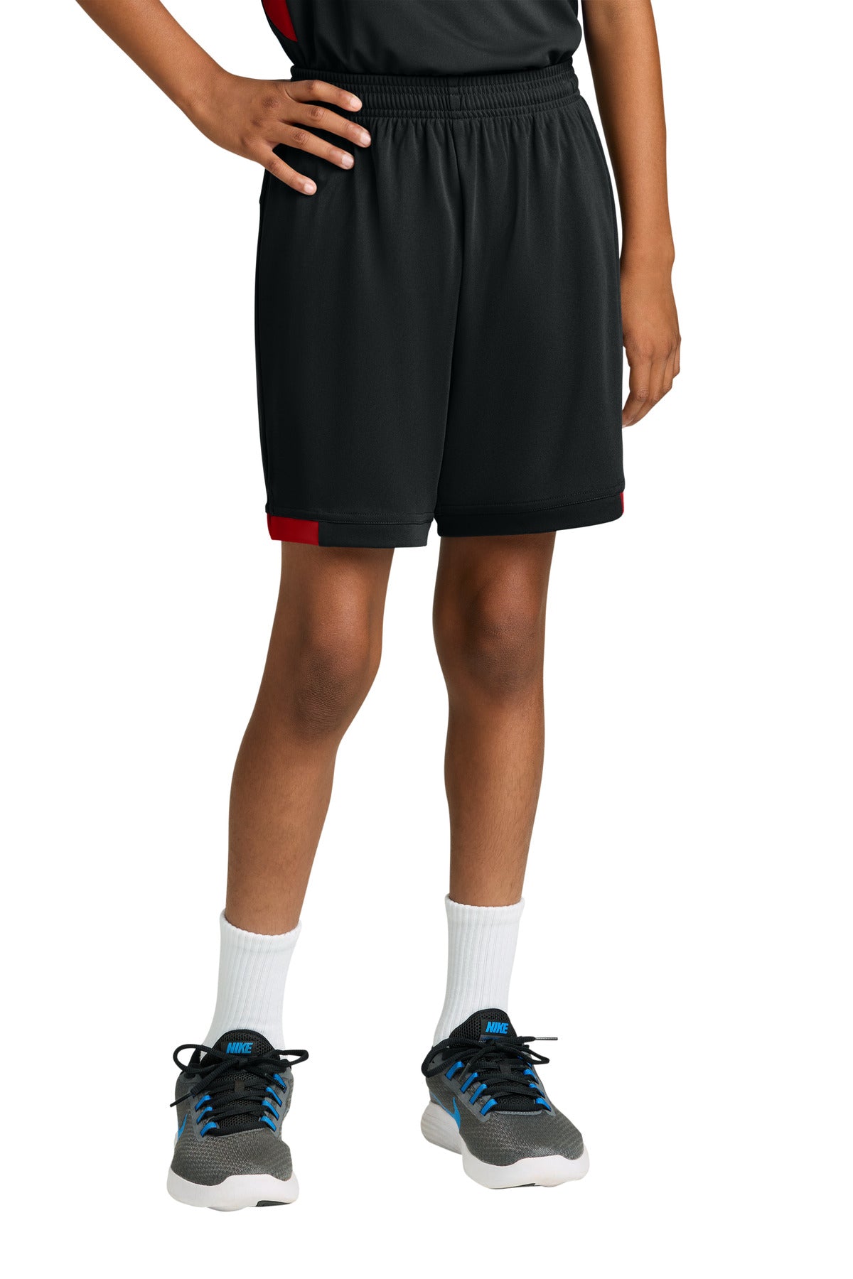 Custom logo Sport-Tek® Youth Club 5  Short YST4420 in Black/ Deep Red