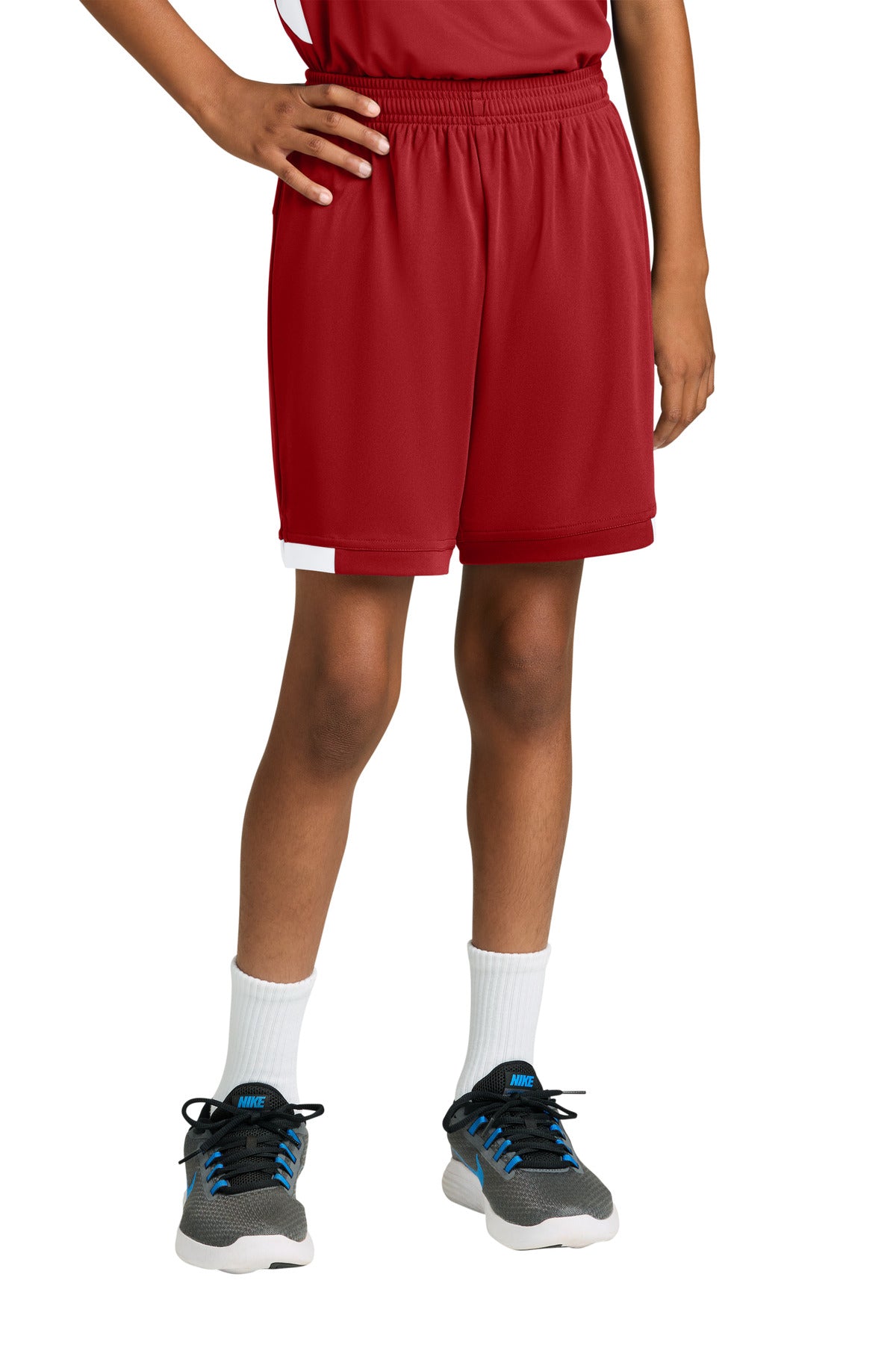 Custom logo Sport-Tek® Youth Club 5  Short YST4420 in Deep Red/ White