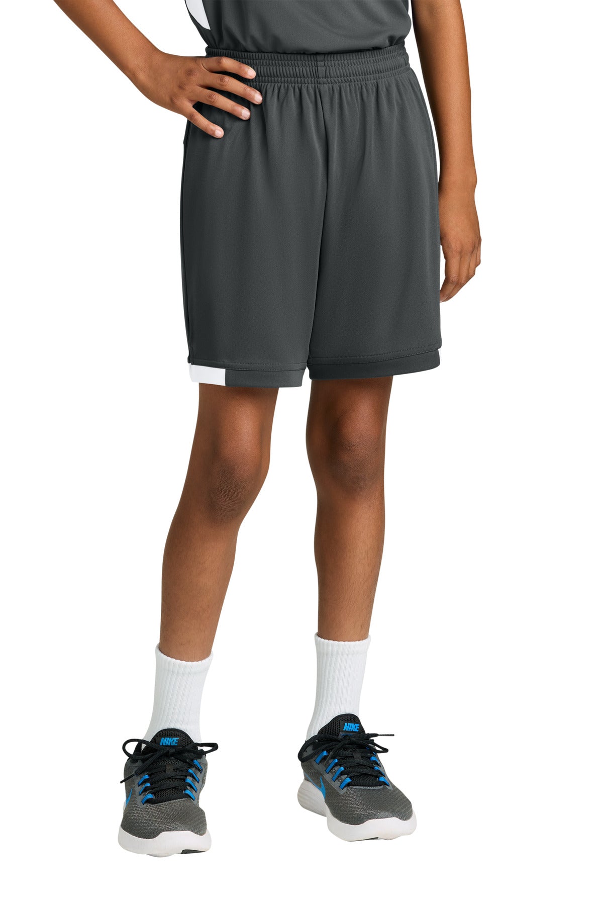 Custom logo Sport-Tek® Youth Club 5  Short YST4420 in Iron Grey/ White