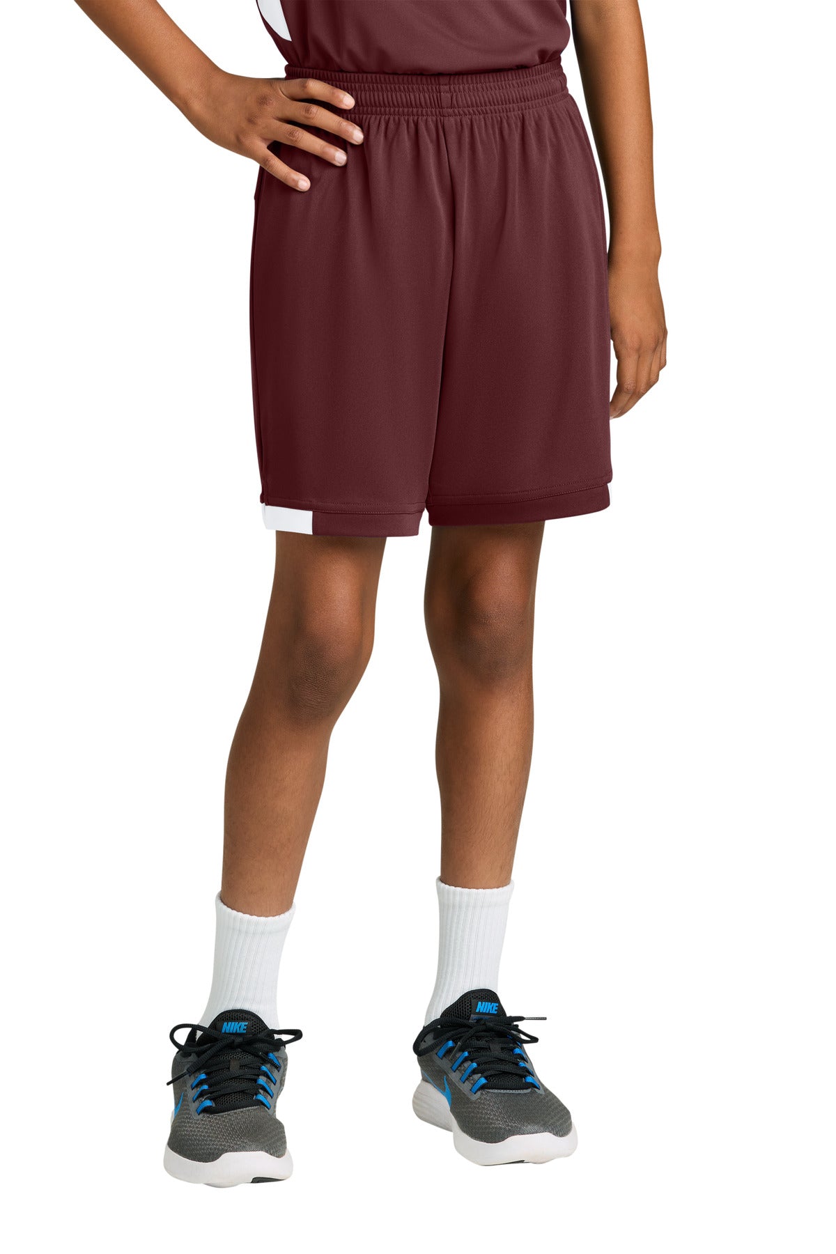 Custom logo Sport-Tek® Youth Club 5  Short YST4420 in Maroon/ White