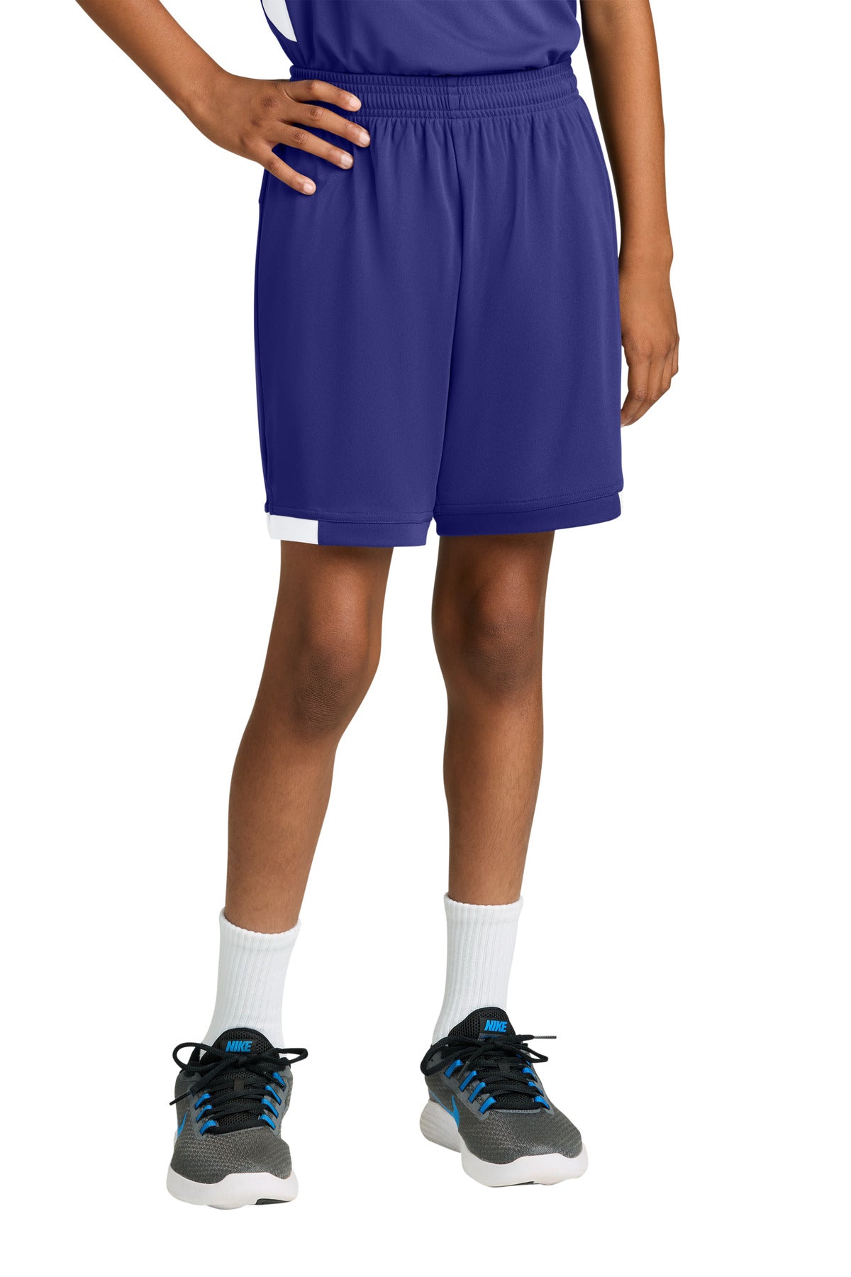 Custom logo Sport-Tek® Youth Club 5  Short YST4420 in Purple/ White
