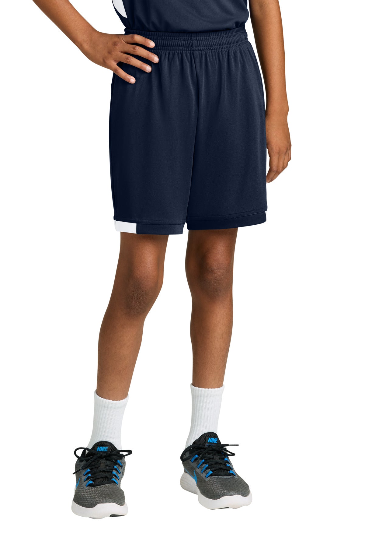 Custom logo Sport-Tek® Youth Club 5  Short YST4420 in True Navy/ White