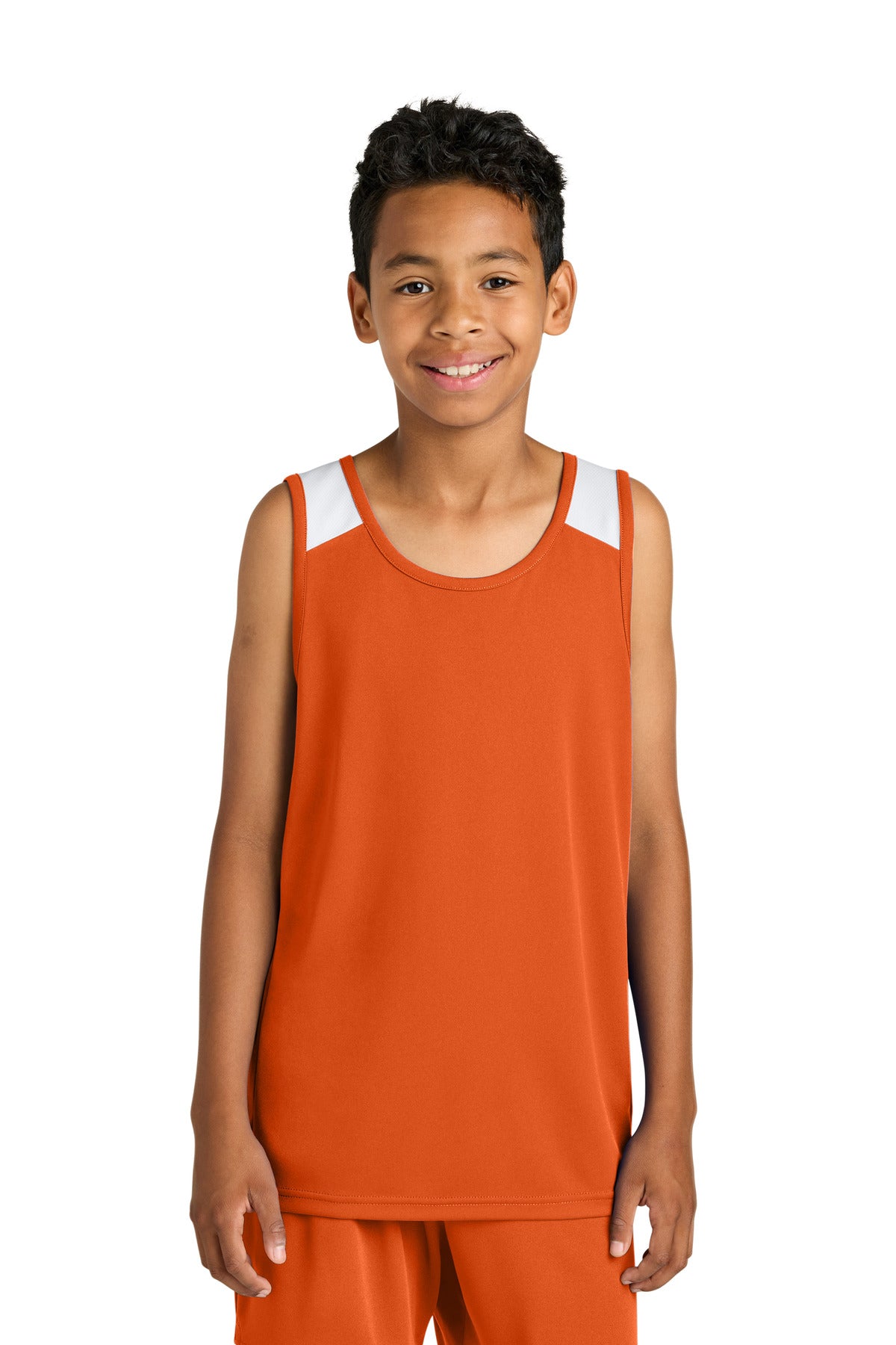 Custom logo Sport-Tek® Youth Club Track Tank YST446 in Deep Orange/ White