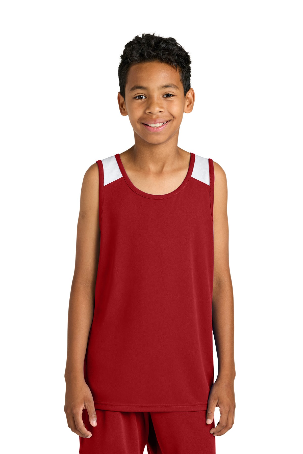 Custom logo Sport-Tek® Youth Club Track Tank YST446 in Deep Red/ White