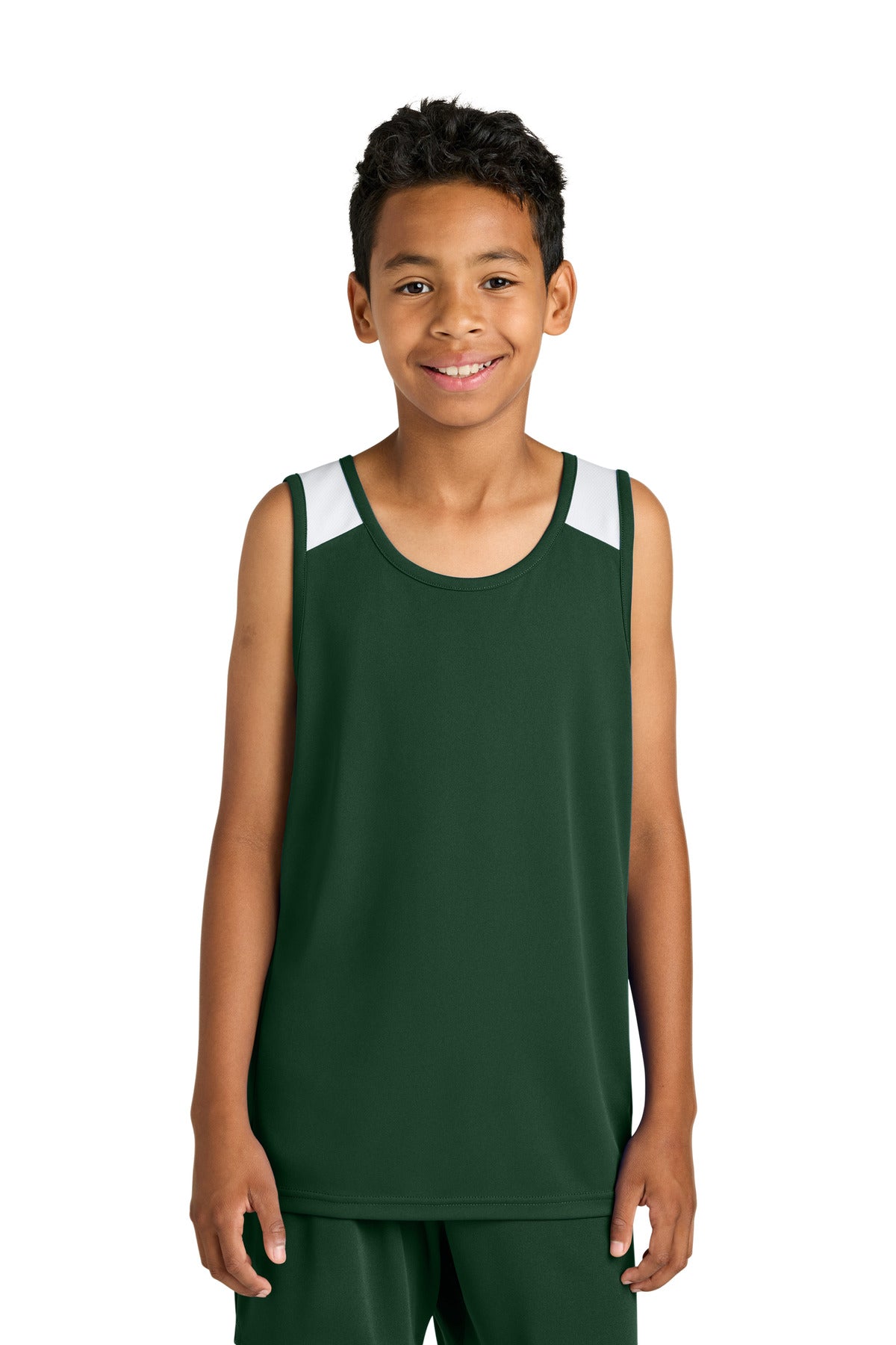 Custom logo Sport-Tek® Youth Club Track Tank YST446 in Forest Green/ White