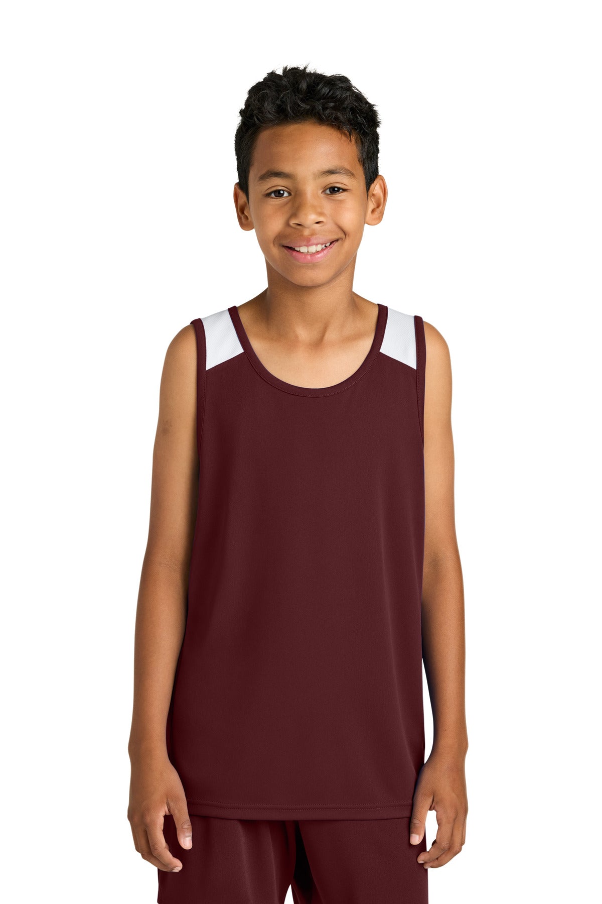 Custom logo Sport-Tek® Youth Club Track Tank YST446 in Maroon/ White