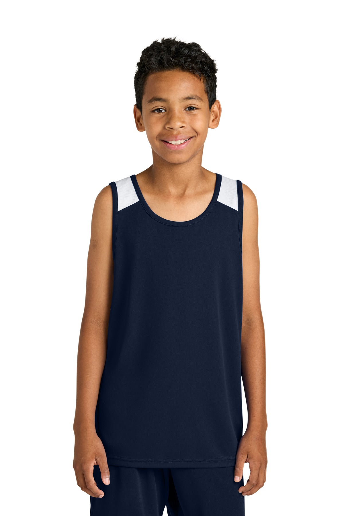 Custom logo Sport-Tek® Youth Club Track Tank YST446 in True Navy/ White