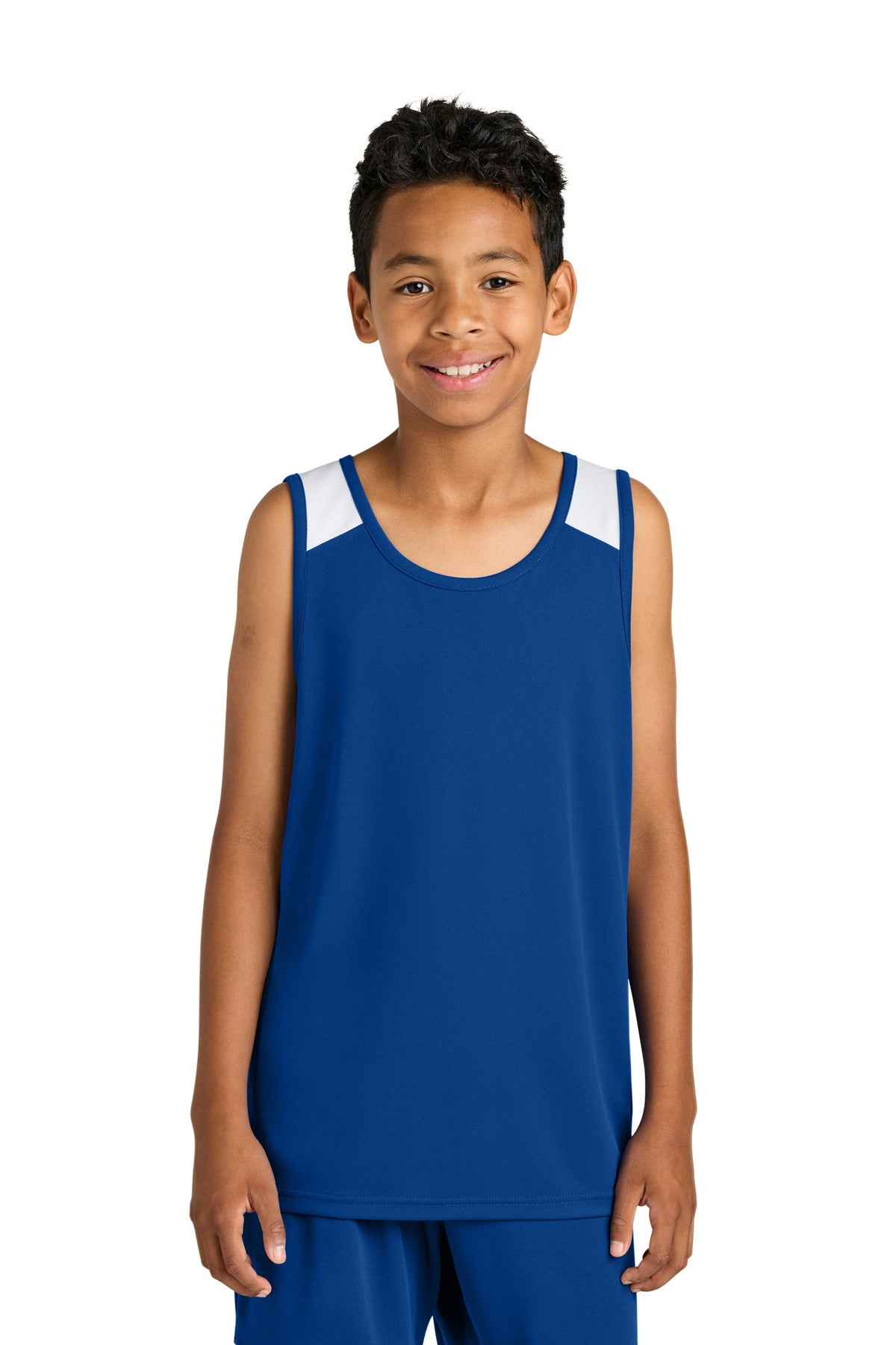 Custom logo Sport-Tek® Youth Club Track Tank YST446 in True Royal/ White