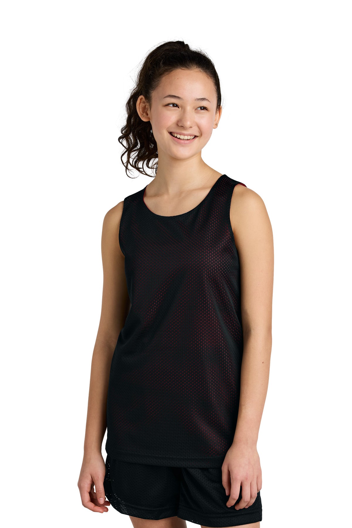Custom logo Sport-Tek® Youth PosiCharge® Reversible Mesh Tank YST5000 in Black/ Deep Red