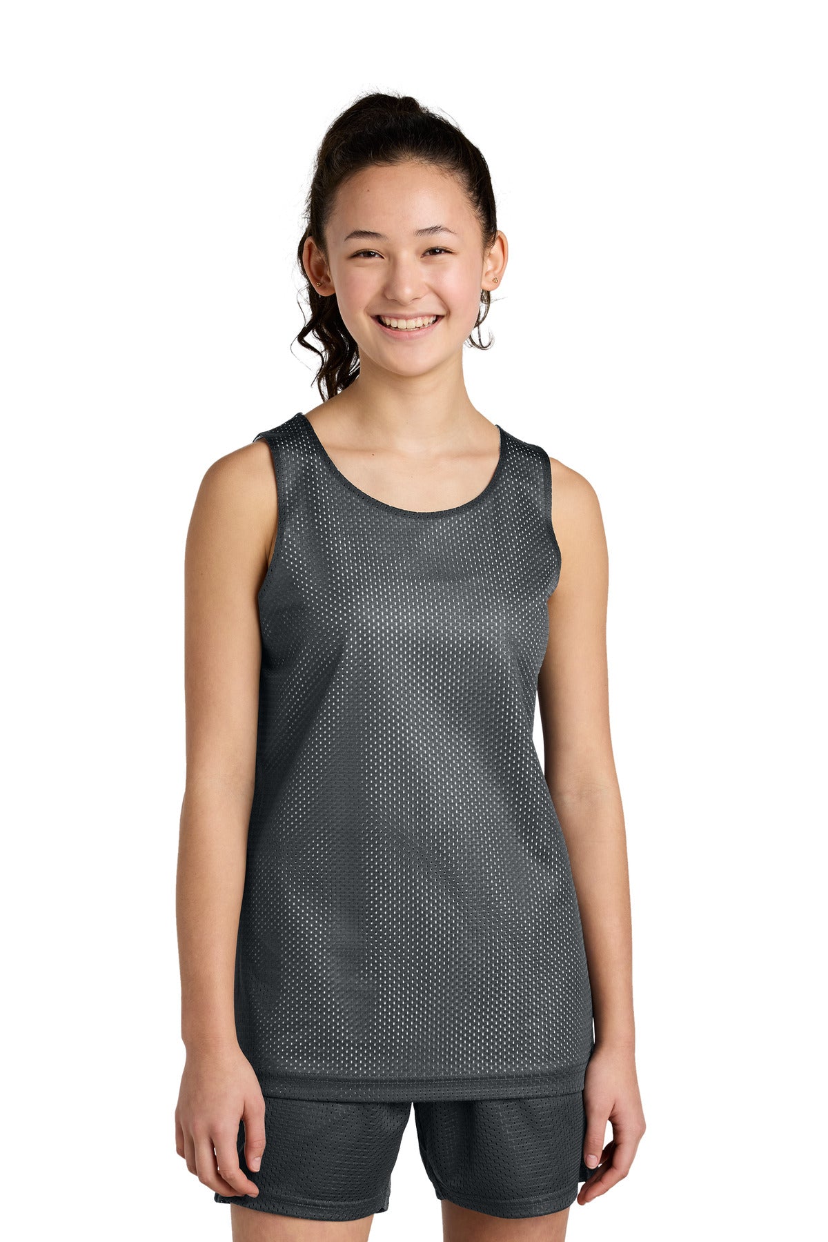 Custom logo Sport-Tek® Youth PosiCharge® Reversible Mesh Tank YST5000 in Iron Grey/ White