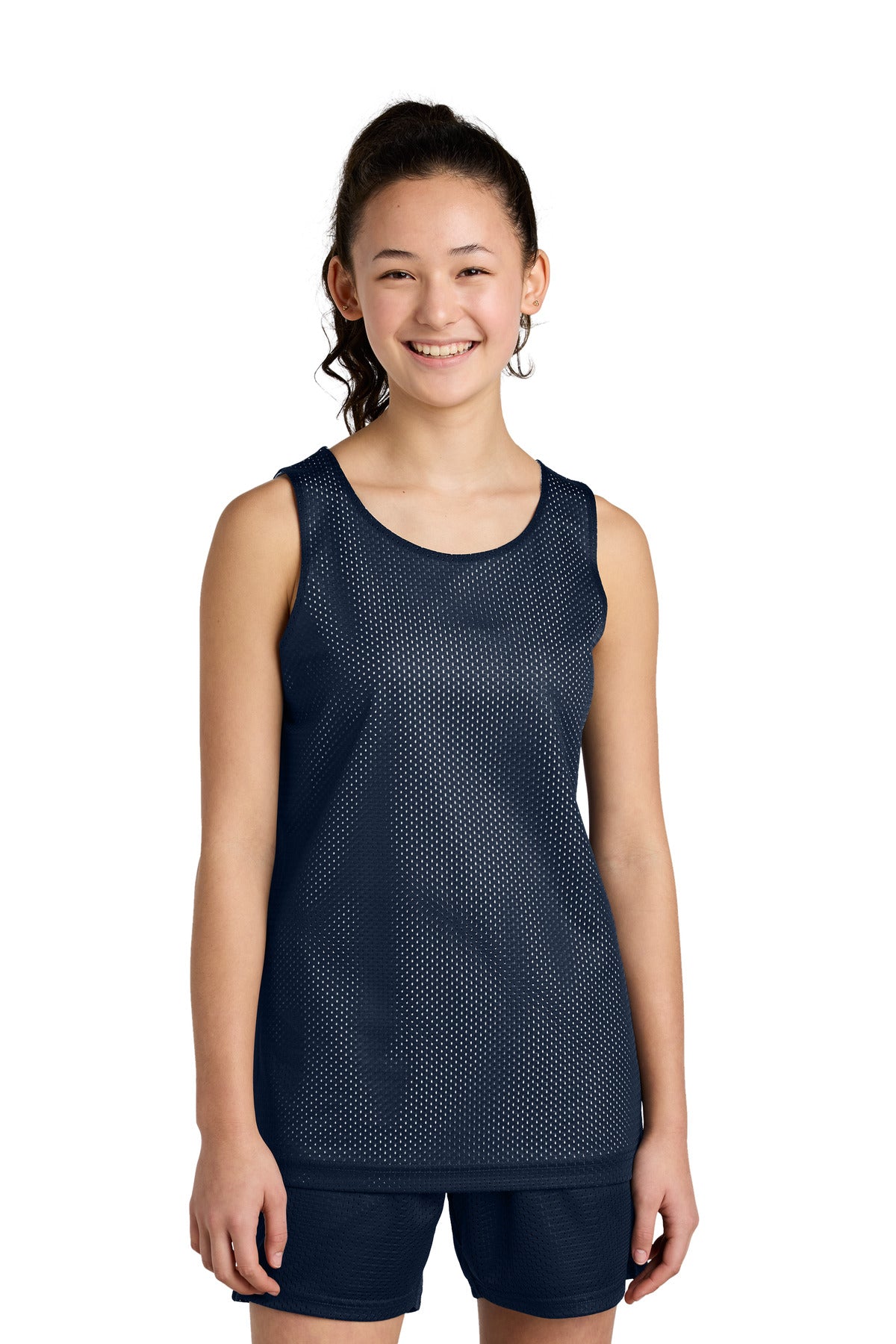 Custom logo Sport-Tek® Youth PosiCharge® Reversible Mesh Tank YST5000 in True Navy/ White