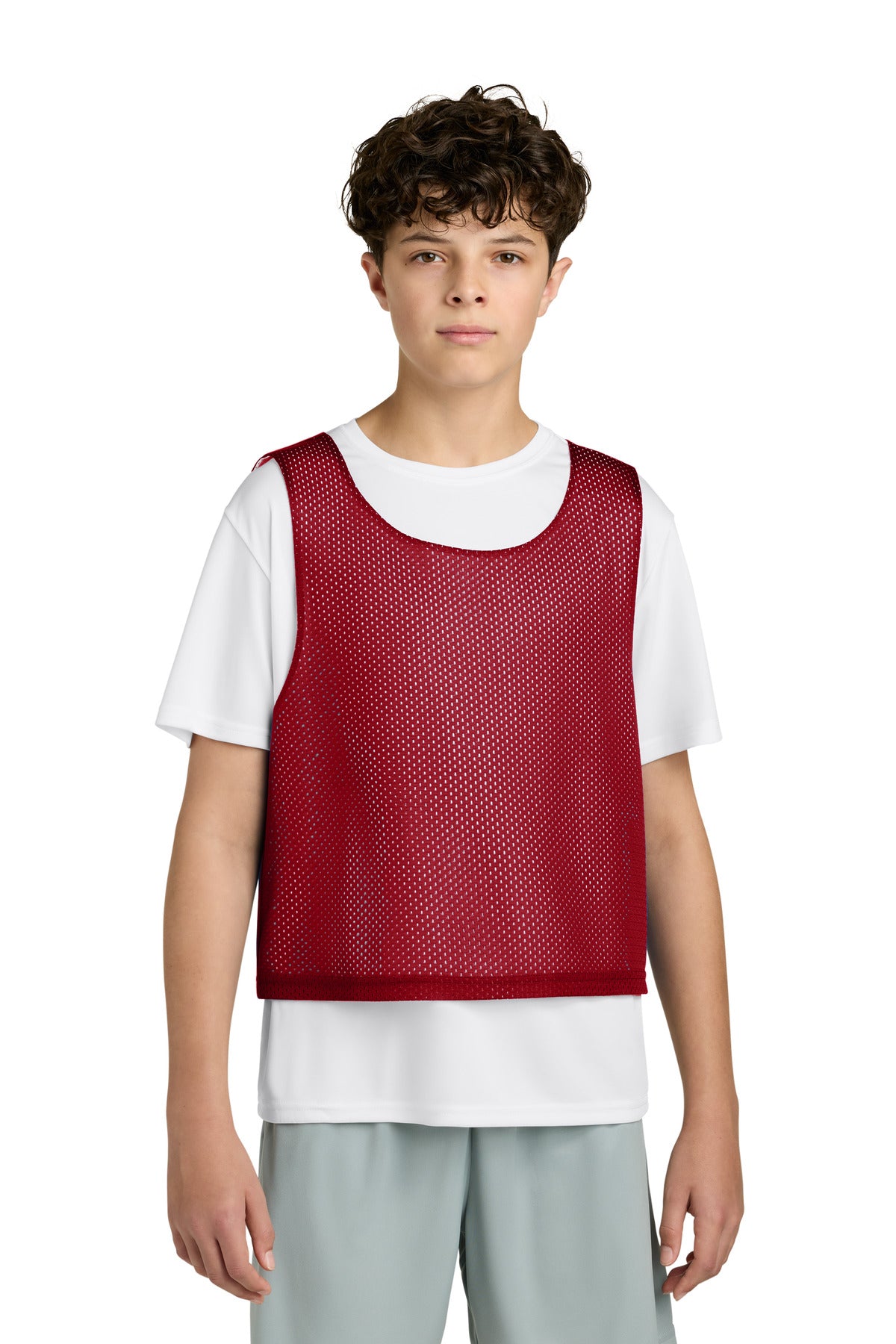 Custom logo Sport-Tek® Youth Lacrosse Reversible Pinnie YST512 in Deep Red/ White