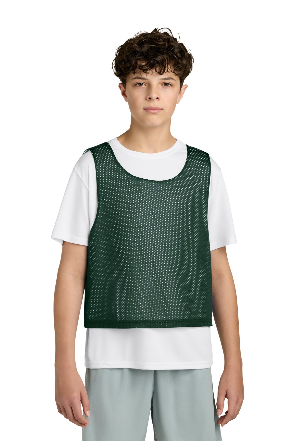 Custom logo Sport-Tek® Youth Lacrosse Reversible Pinnie YST512 in Forest Green/ White