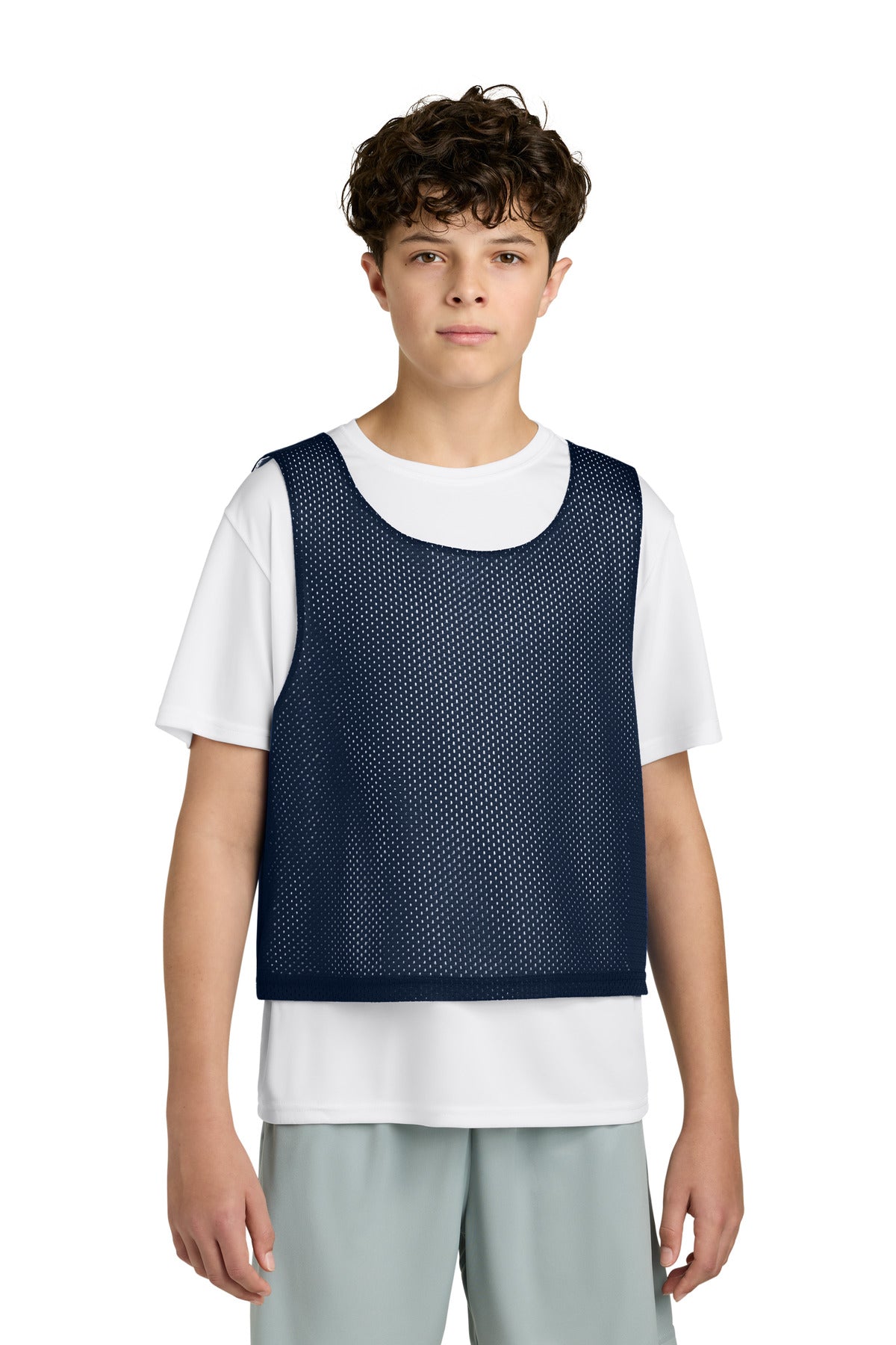 Custom logo Sport-Tek® Youth Lacrosse Reversible Pinnie YST512 in True Navy/ White